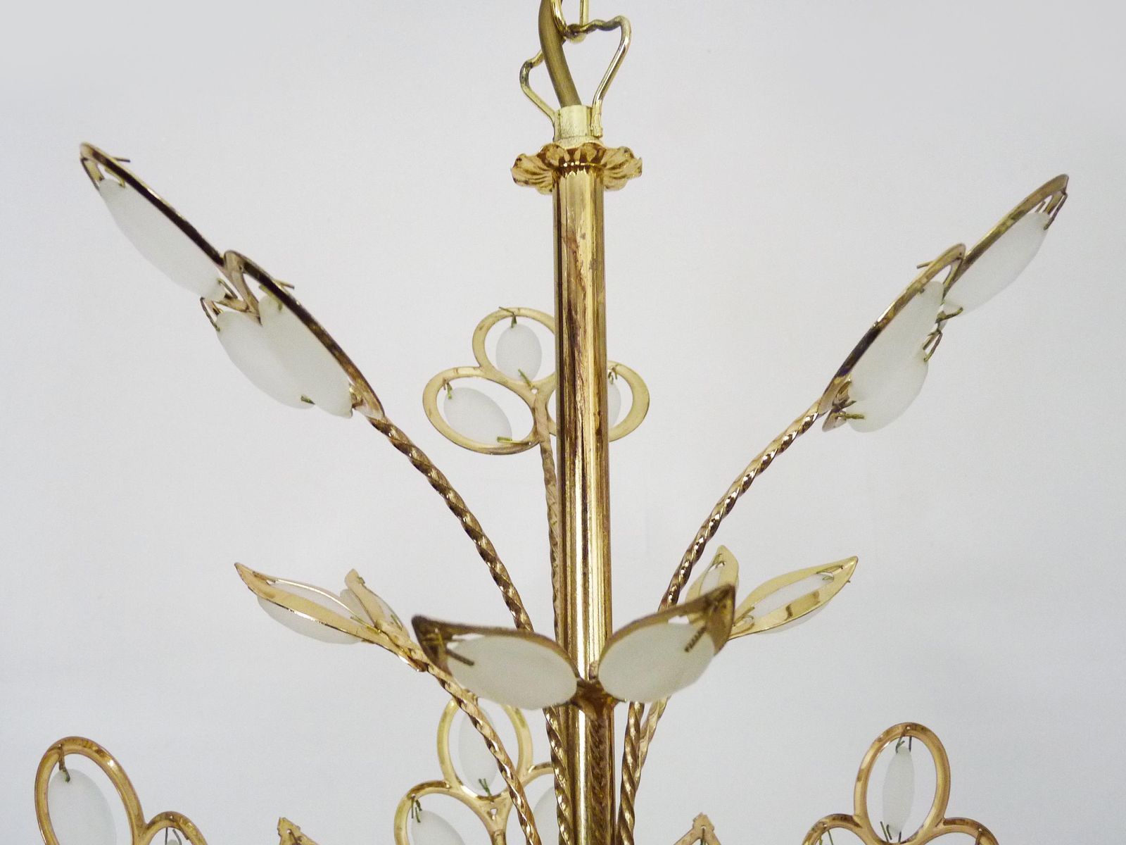 Antique 3 Light Floral Pendant Light In Gilded Metal With Glass Pendants. 1980s photo buy