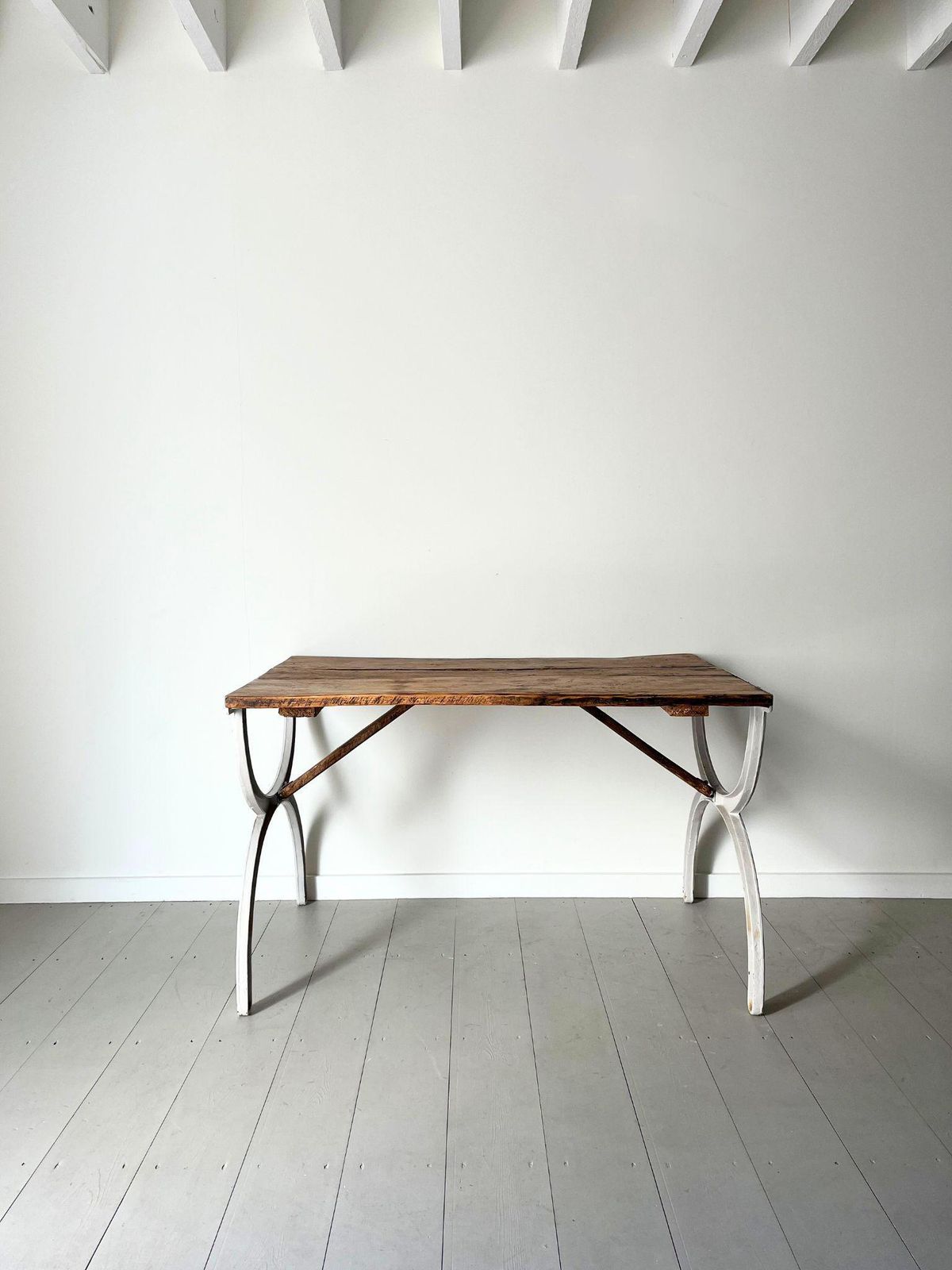 Cast Iron Curule Table Or Desk, Hall Table, Console, Writing Table With Oak Plank Top French Vintage Original photo furniture