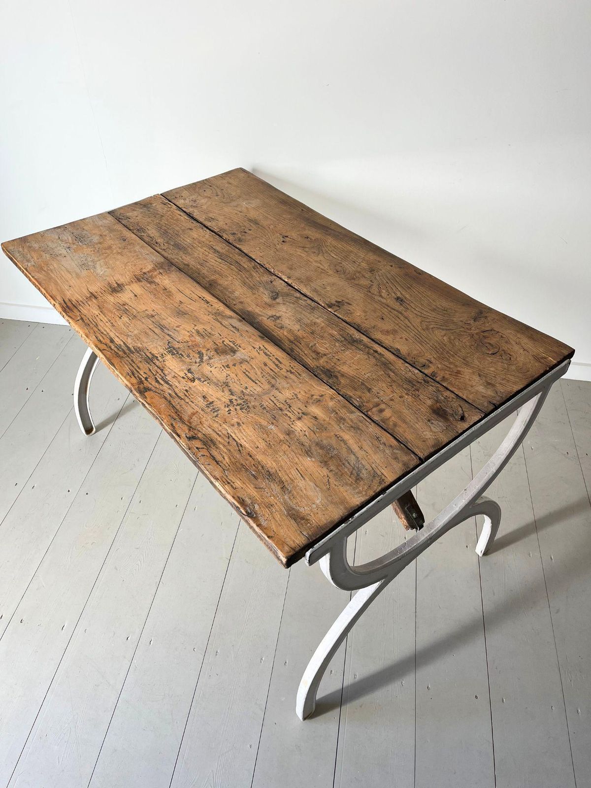 Cast Iron Curule Table Or Desk, Hall Table, Console, Writing Table With Oak Plank Top French Vintage Original photo 1250.0