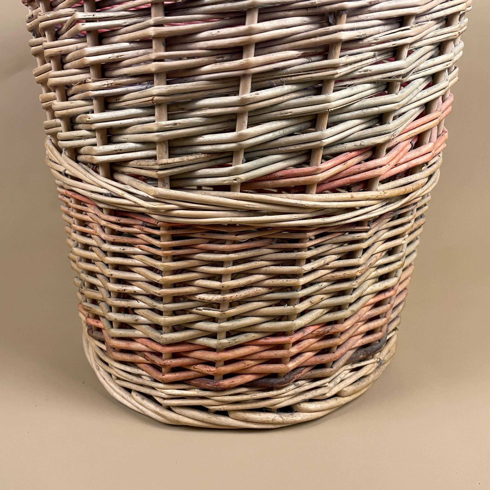 Vintage Round Basket Woven Wicker Brown Antique Cylinder Storage Farmhouse Cottage Decor Laundry Cane Wood Logs Fireplace Pale Striped photo Home Decor