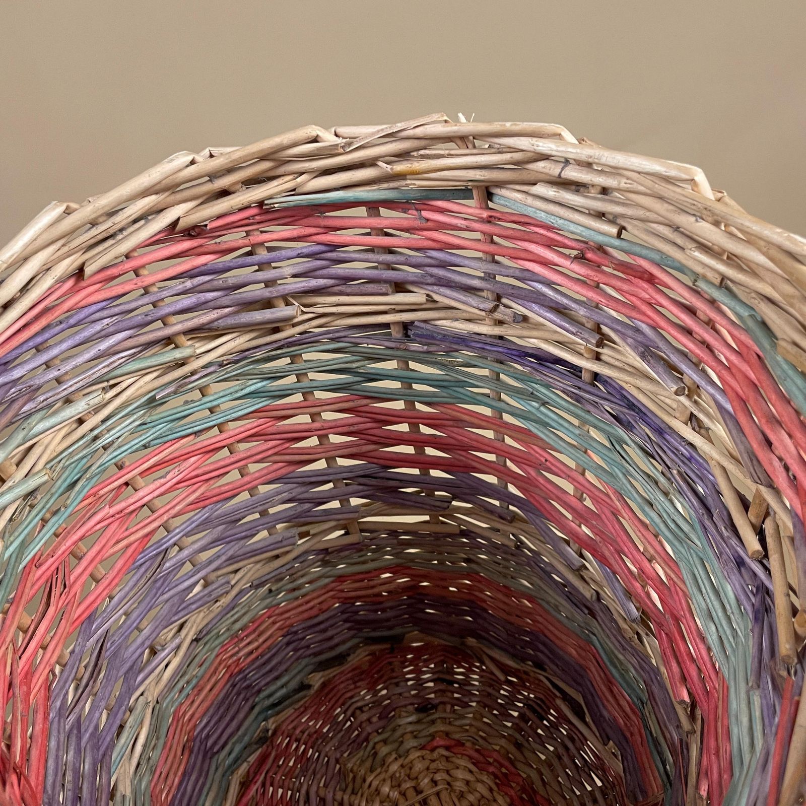 Vintage Round Basket Woven Wicker Brown Antique Cylinder Storage Farmhouse Cottage Decor Laundry Cane Wood Logs Fireplace Pale Striped photo 55.0