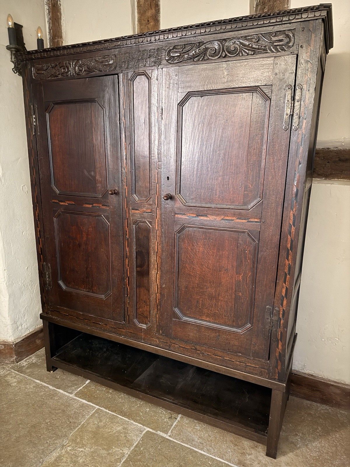 photo vinterior Original Welsh  Antique Livery Linen Cupboard Cabinet Intials M.J.H Dated 1715
