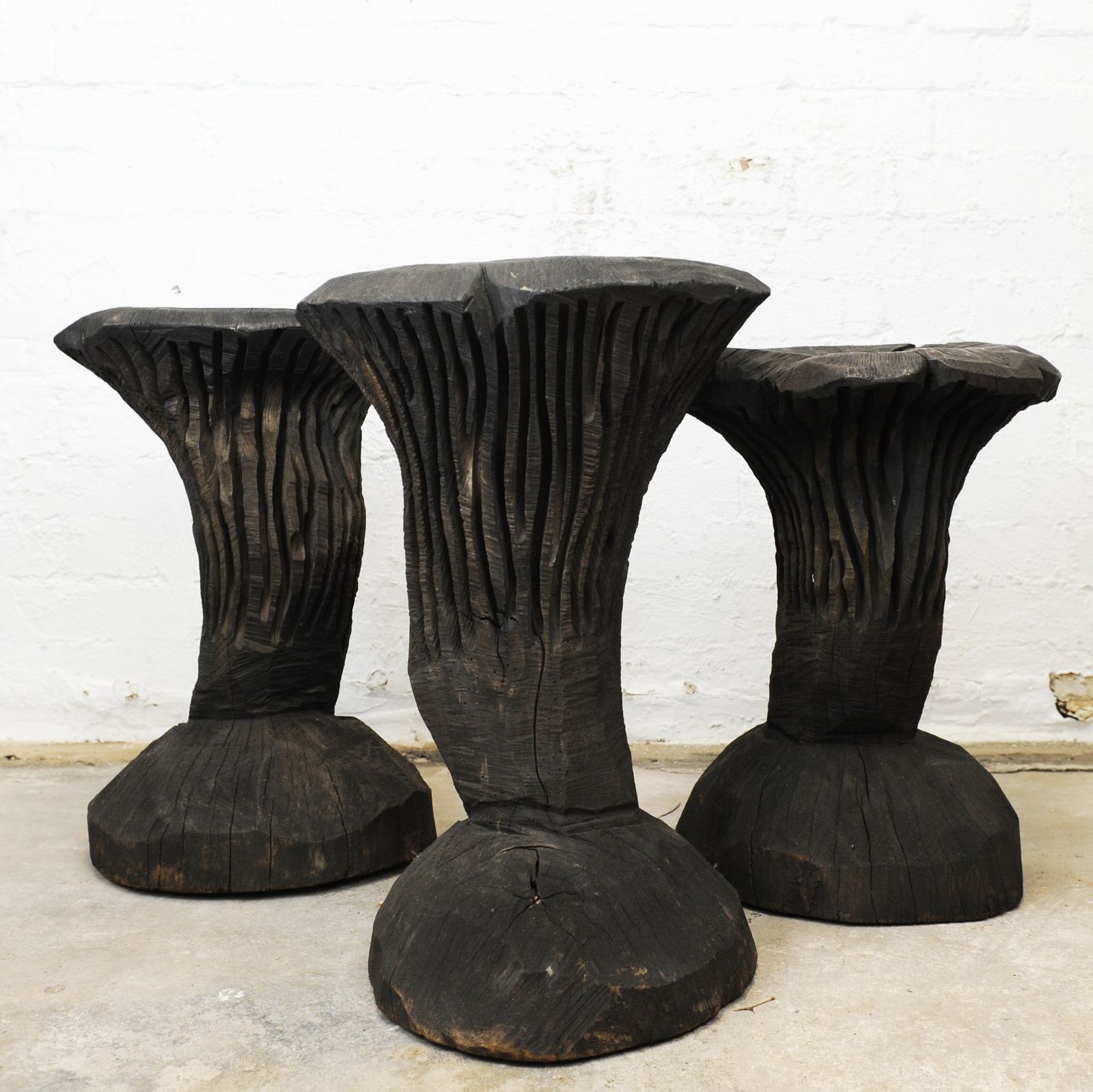 Solid Burnt Wood, Sculptural Side Tables, Set Of 3, 1980s photo Furniture