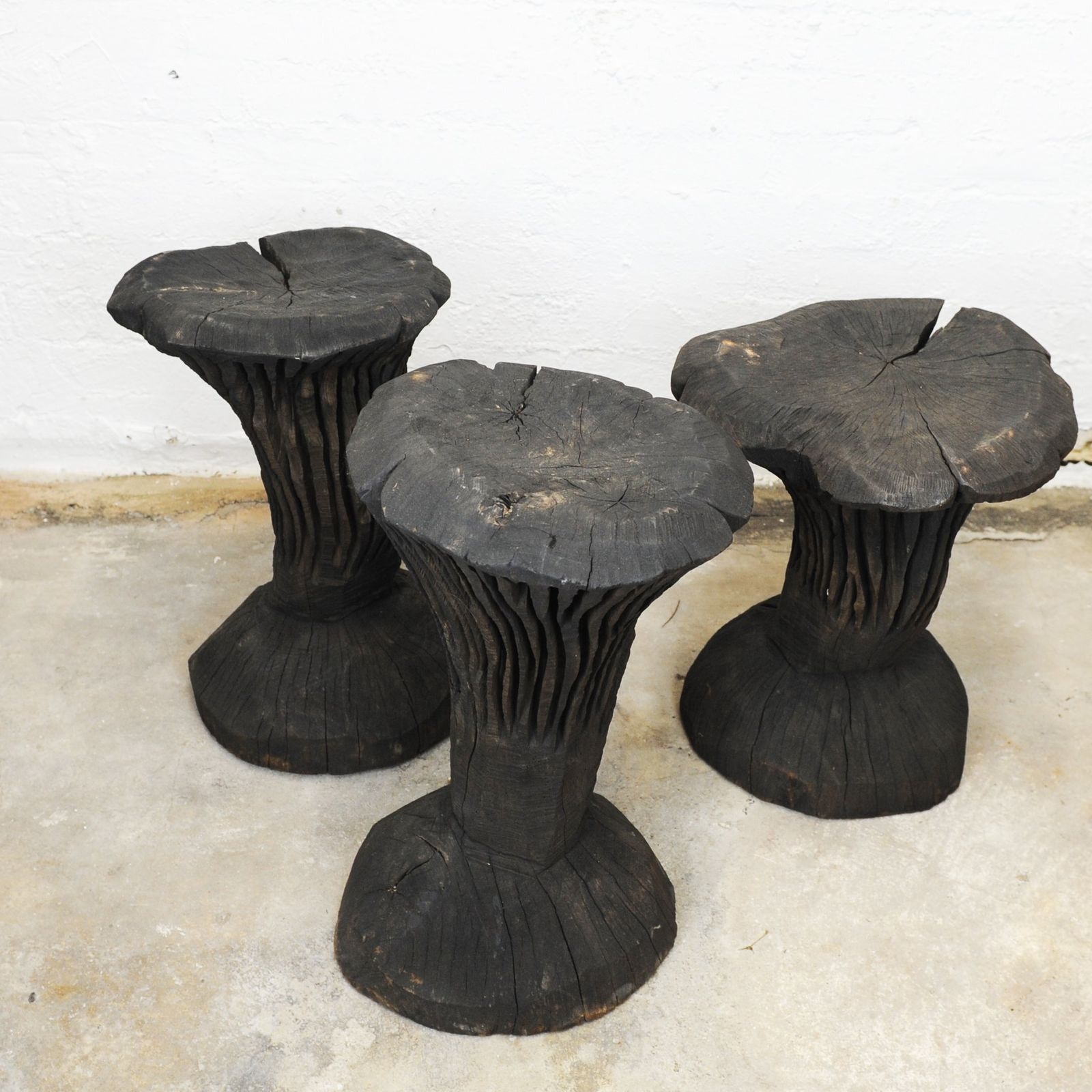 Solid Burnt Wood, Sculptural Side Tables, Set Of 3, 1980s photo vintage