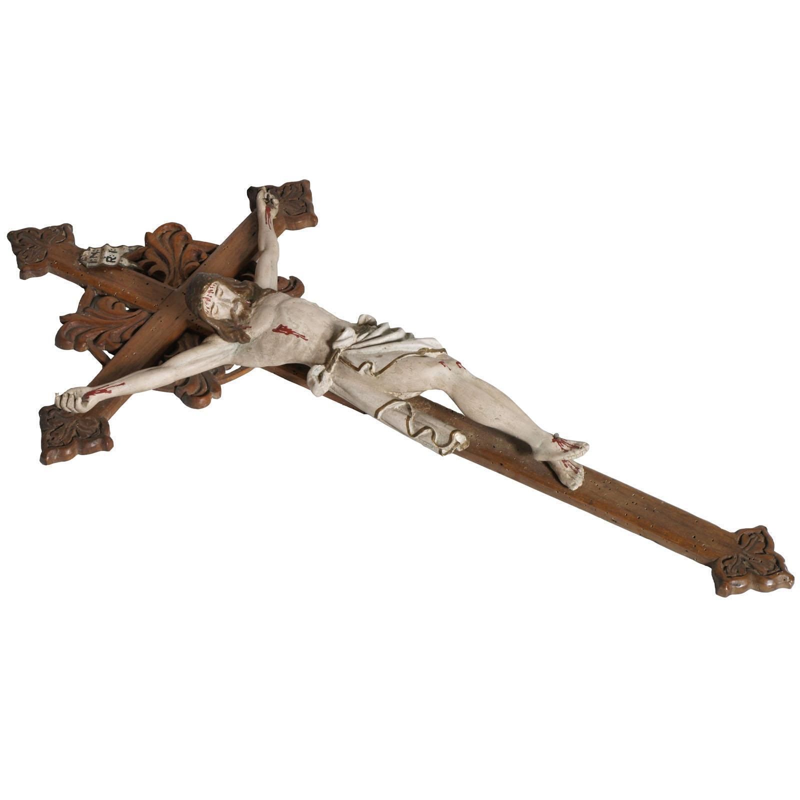 Early 19th Century Italian Hand Carved And Polychromed Wood Crucifix "Cadore"