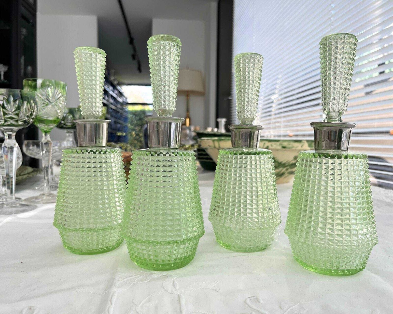 Green Liqueur Decanter | 4pcs | Reseda Perfume Bottles | France Ca 1960s photo for sale