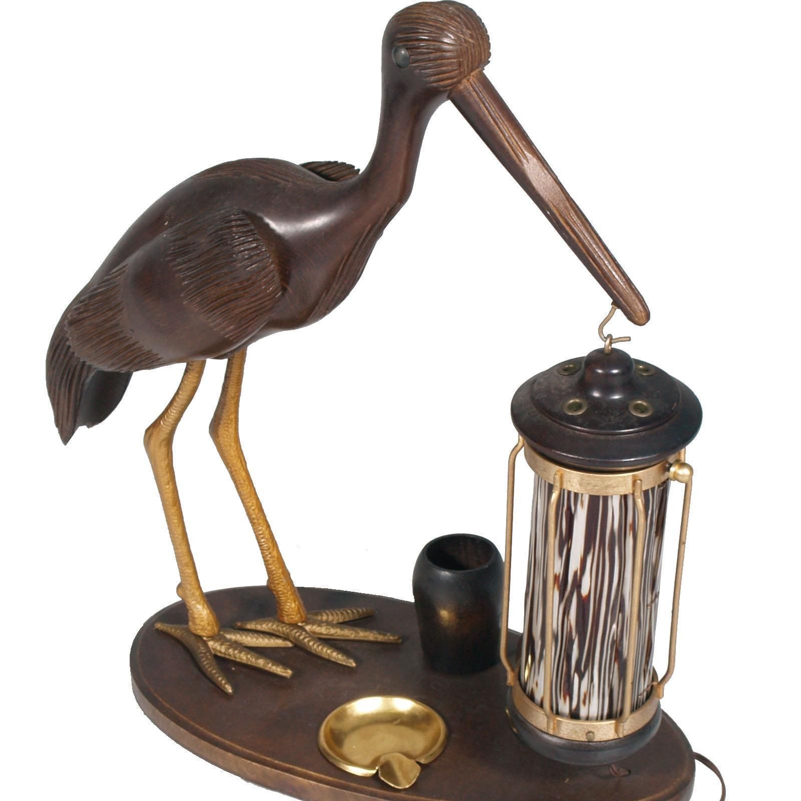 1940s Art Deco Heron Table Lamp, Ashtray, Cigarette Service, Hand Carved Wood photo furniture