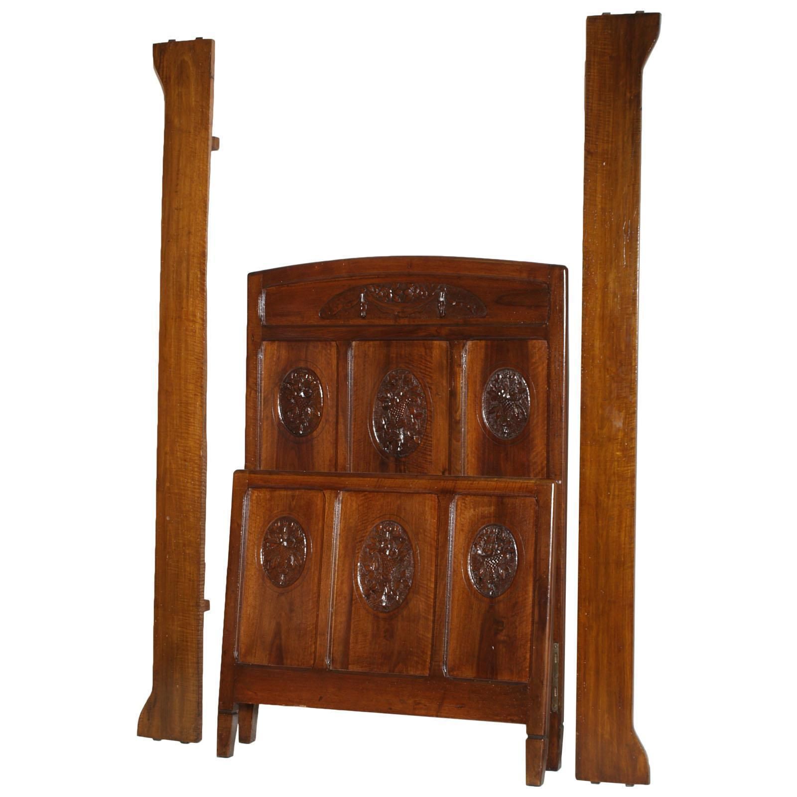 Twin Beds Art Nouveau, Italy, 1900s. Hand Carved Walnut, Polished To Wax photo vintage