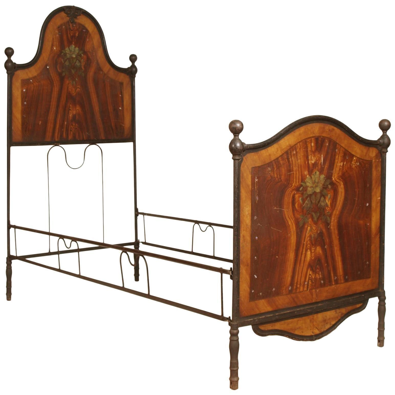 Italian 19th Century Bed Wrought Iron, Decorated With Mother Of Pearl Scales