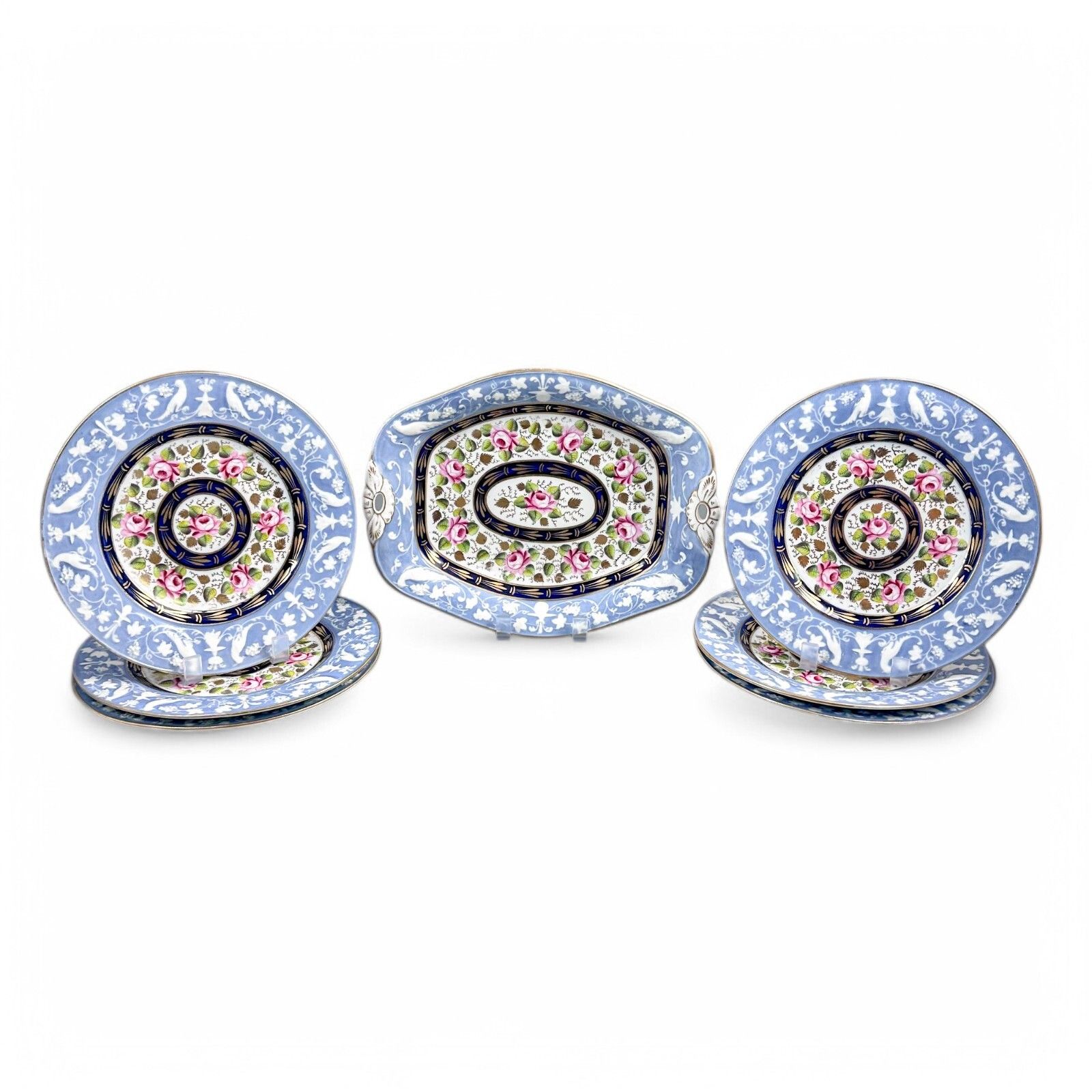 Rare Staffordshire New Hall Dessert Set With Resist Moulded Borders Circa 1820