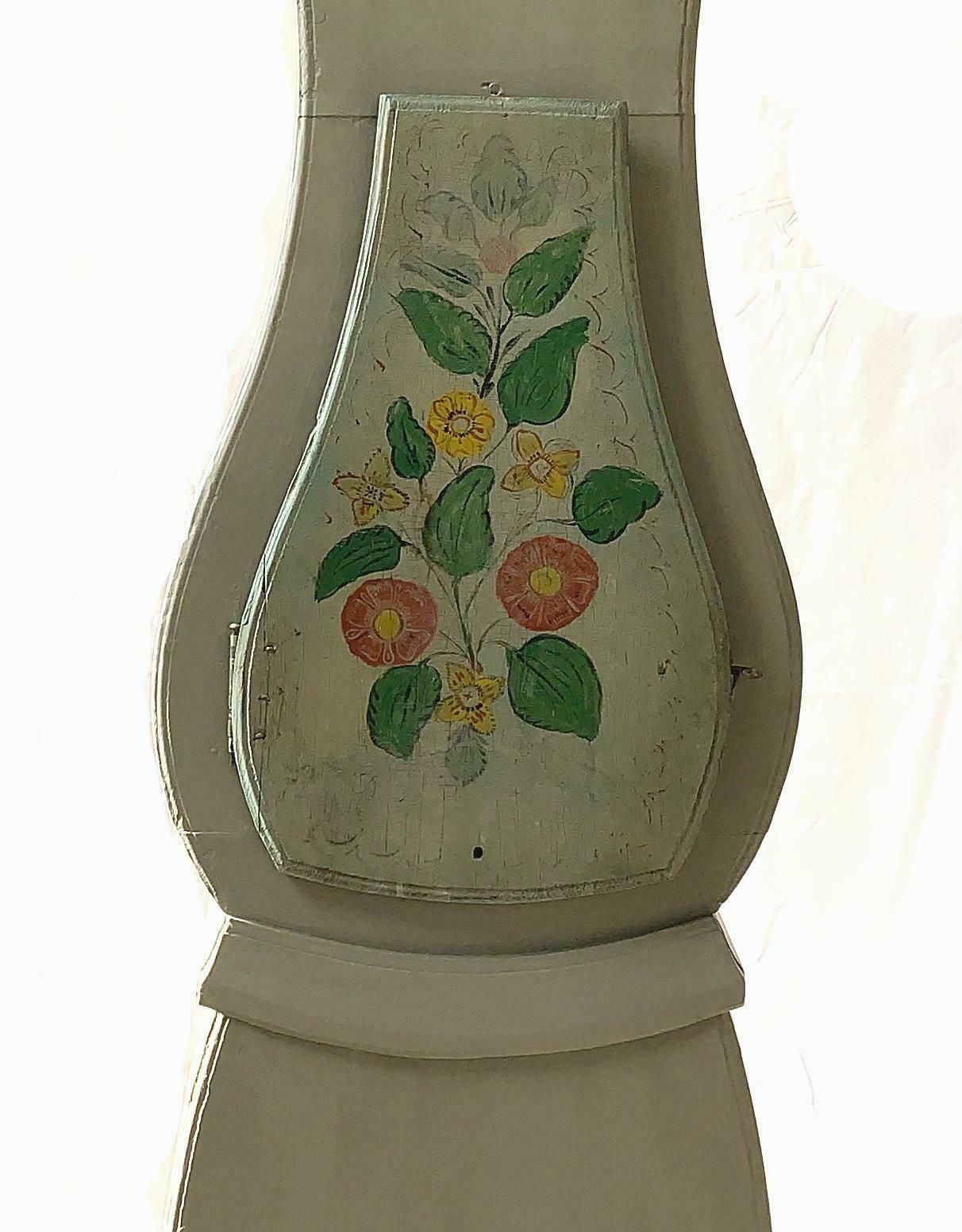 Swedish Mora Clock Antique Grey Folk Art Carved Hood Detail, Early 1800 photo for sale