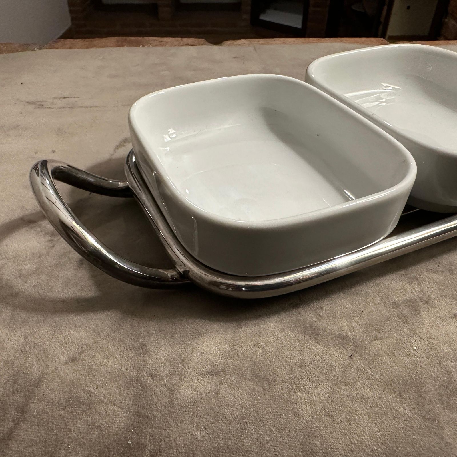 Home Decor 1980s Minimalist Lino Sabattini Silver Plated And Ceramic Small Appetizer Tray photo