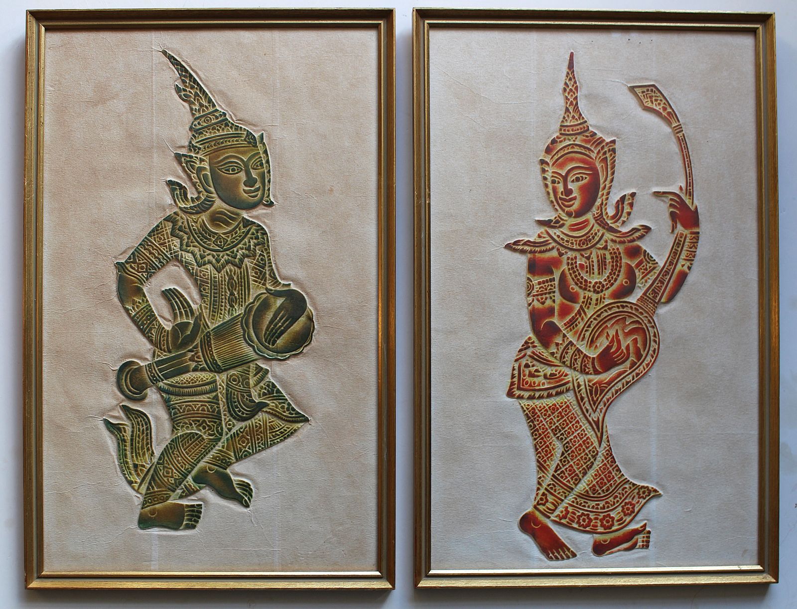 A Pair Of Framed Thai Temple Rubbing’s Of Musicians