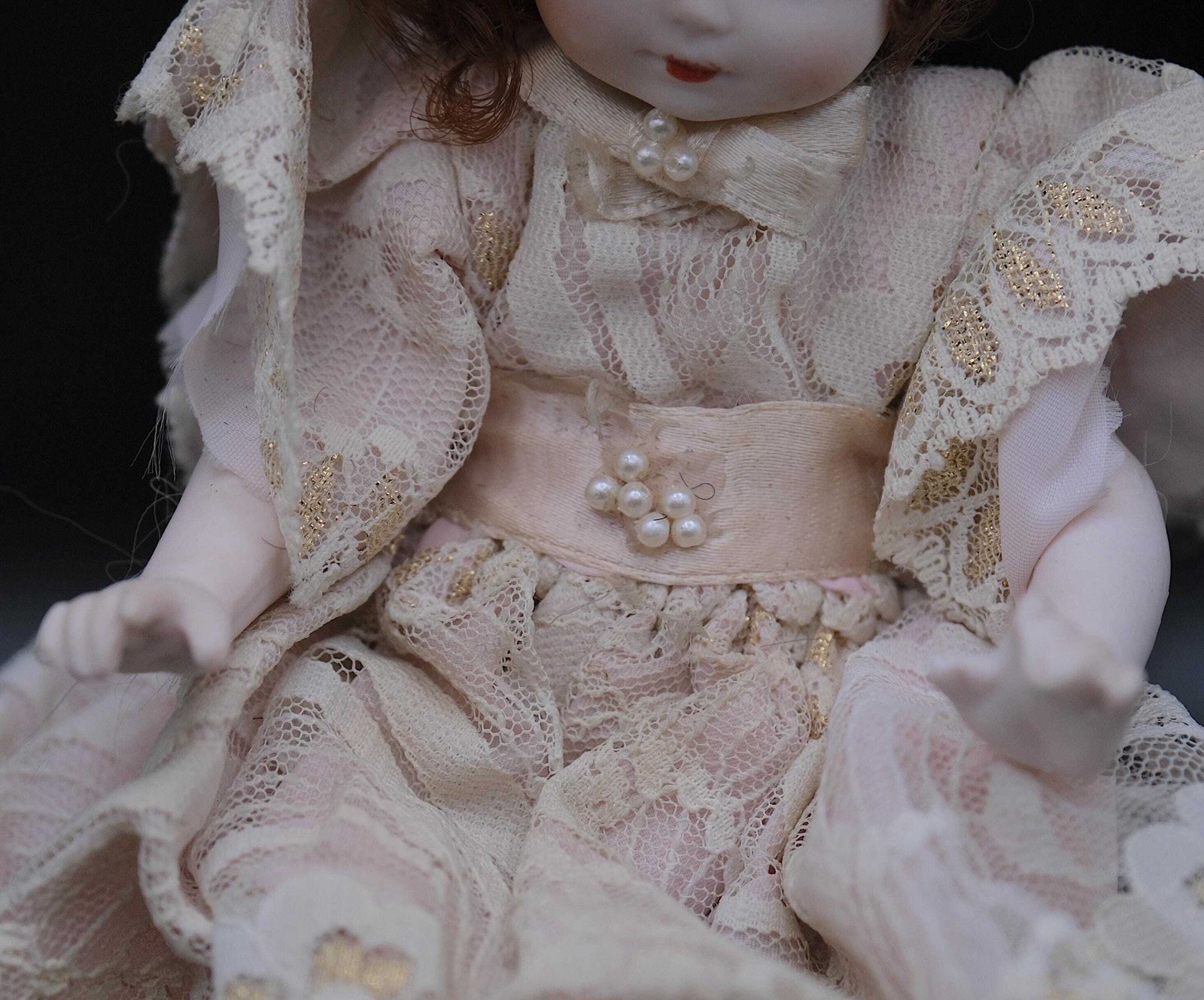 Vintage Porcelain Collectible Doll | Red Curly Hair | Gold Lace Dress & Pearl Detail | 1980s Style | Doll Collector Gift | Ceramic Figurine photo for sale