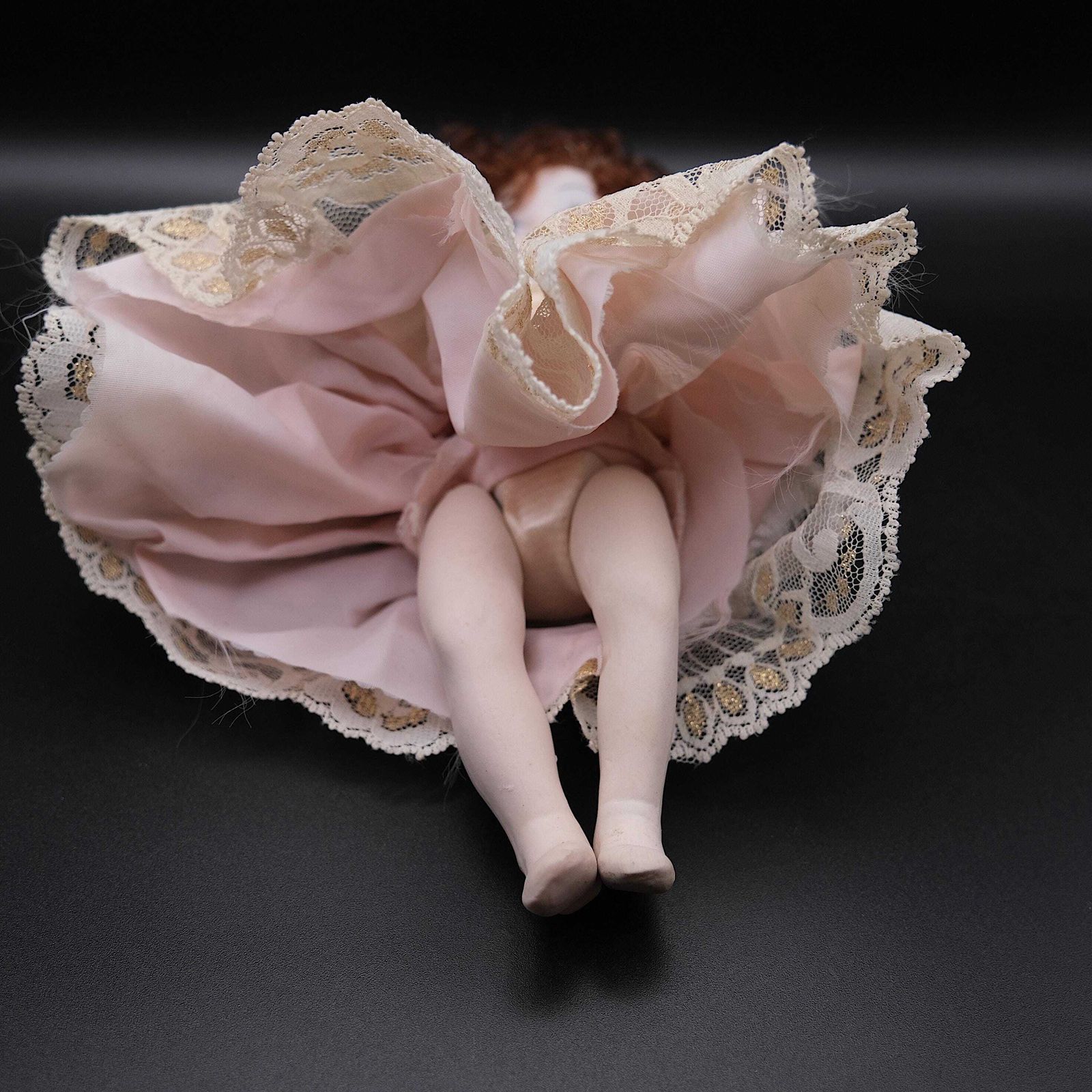 Vintage Porcelain Collectible Doll | Red Curly Hair | Gold Lace Dress & Pearl Detail | 1980s Style | Doll Collector Gift | Ceramic Figurine photo 40.0