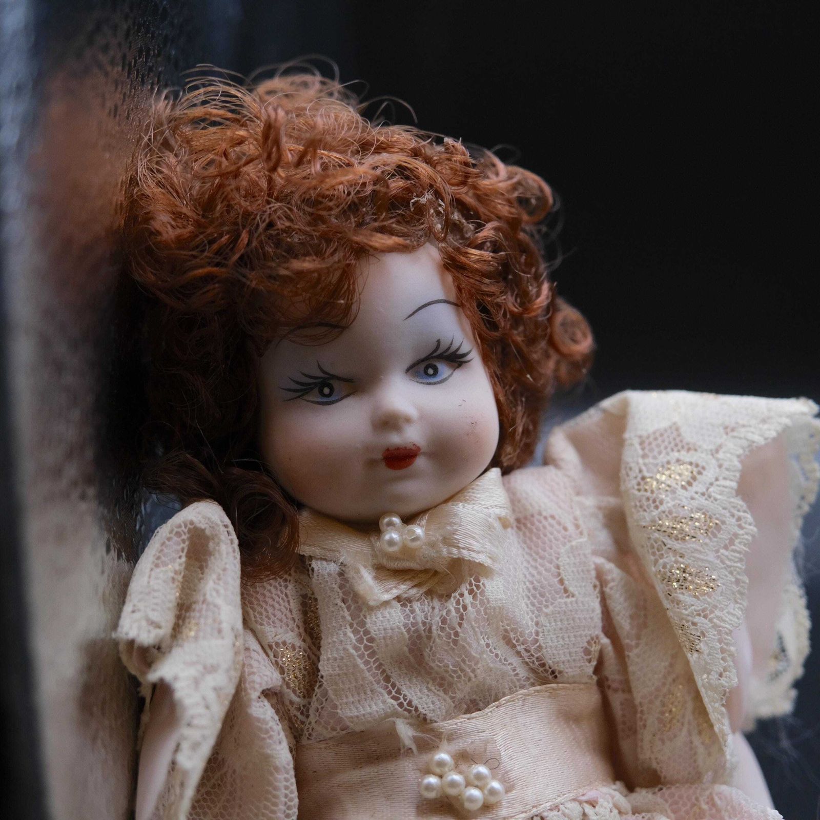 photo furniture Vintage Porcelain Collectible Doll | Red Curly Hair | Gold Lace Dress & Pearl Detail | 1980s Style | Doll Collector Gift | Ceramic Figurine