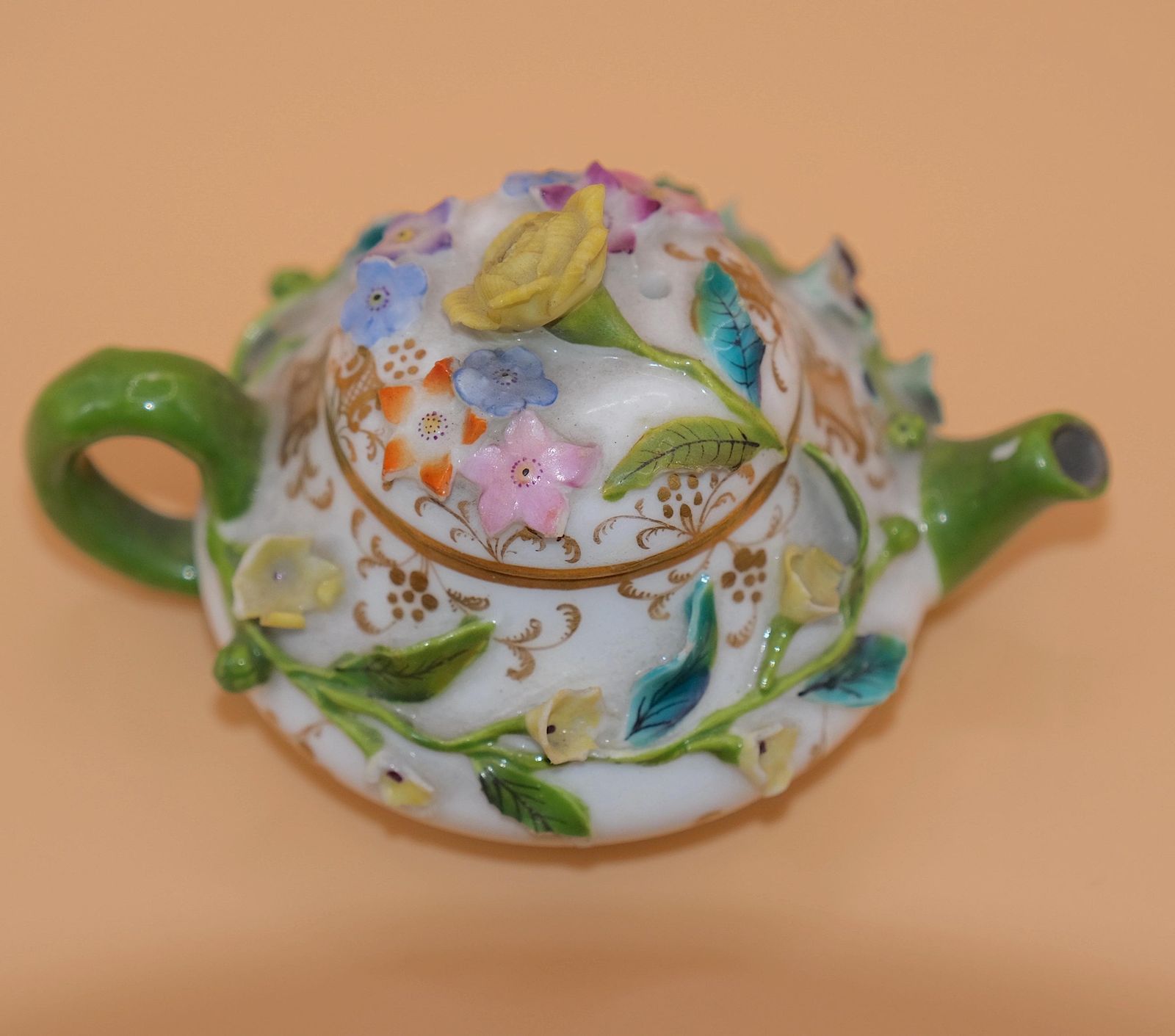 Coalbrookdale Flower Encrusted Miniature Teapot | Regency Porcelain | Circa 1830 photo vinterior