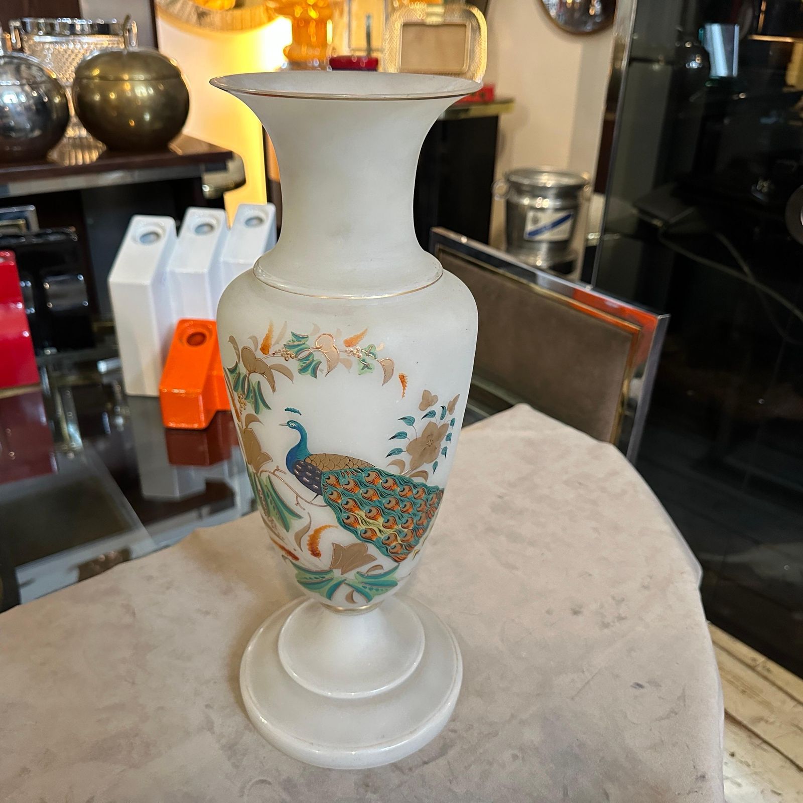 644.0 An Art Nouveau Hand Painted Opaline Glass Italian Vase photo
