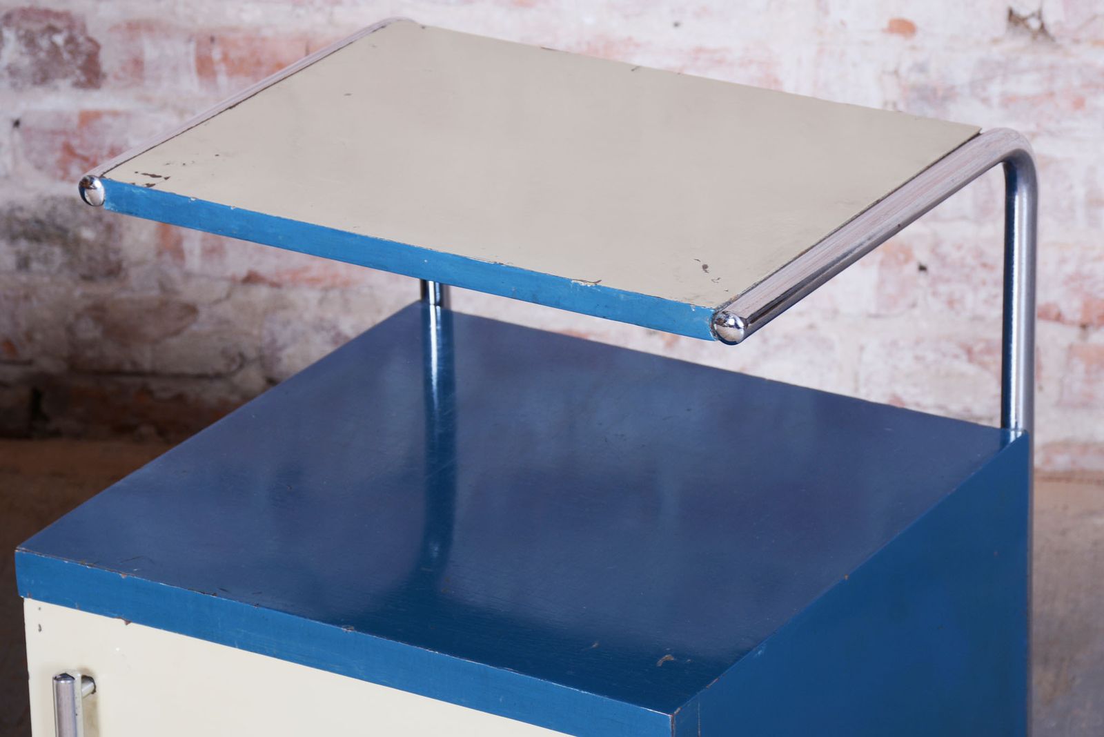 Pair Of Restored Bauhaus Bedside Tables, Chrome, Lacquered Wood, Czech, 1930s photo vintage