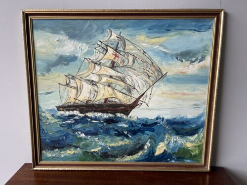 Vintage Framed Large Original Oil Painting Of Clipper Sailing Ship By Doreen Bell