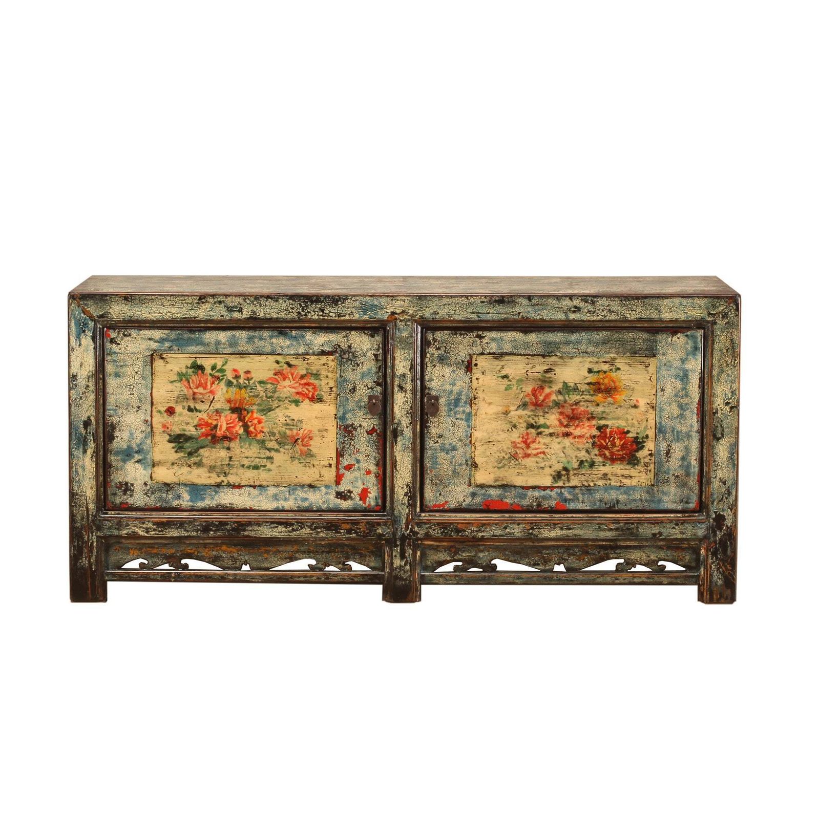 Vintage Chinese Crackle Blue Sideboard With Floral Painting 05