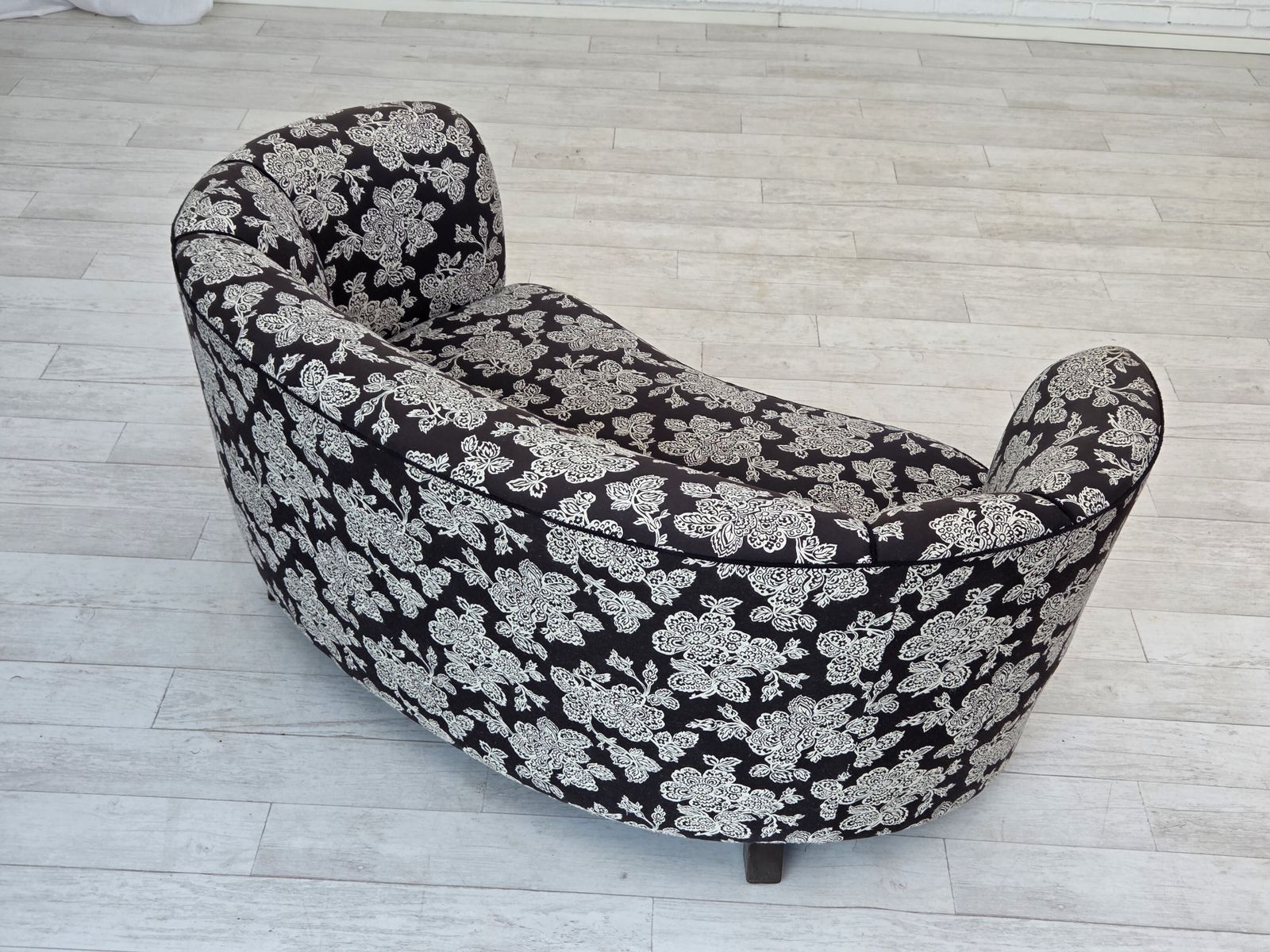 photo for sale 1960s, Danish 2 Seater "Banan" Sofa, Black White Fabric, Beech Wood.
