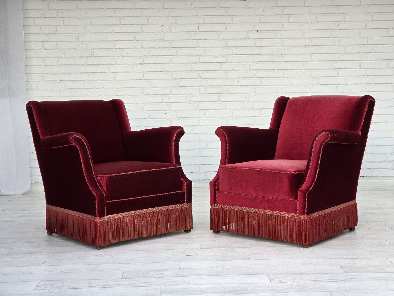 1960s, Danish Armchair, Cherry Red Furniture Velour, Ash Wood, Original. photo for sale