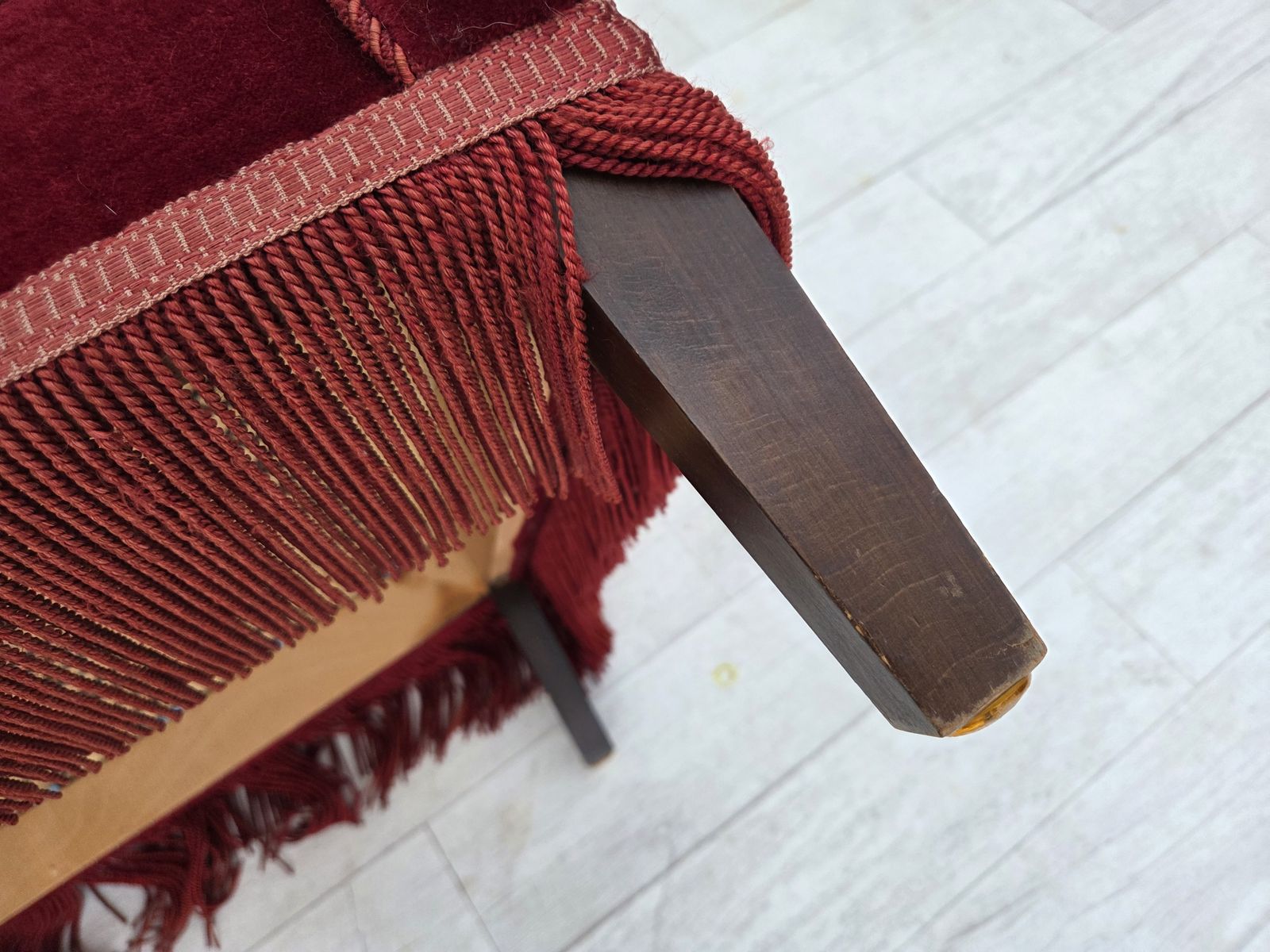 1960s, Danish Armchair, Cherry Red Furniture Velour, Ash Wood, Original. photo vinterior
