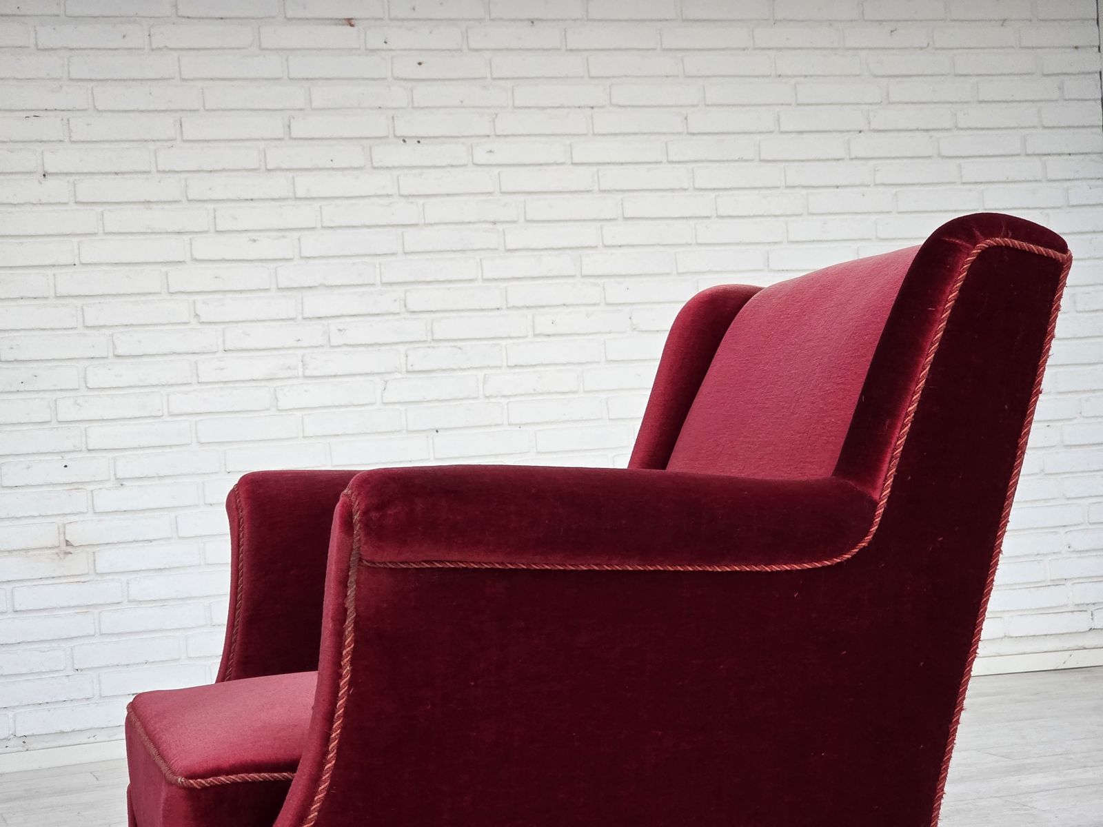 photo furniture 1960s, Danish Armchair, Cherry Red Furniture Velour, Ash Wood, Original.