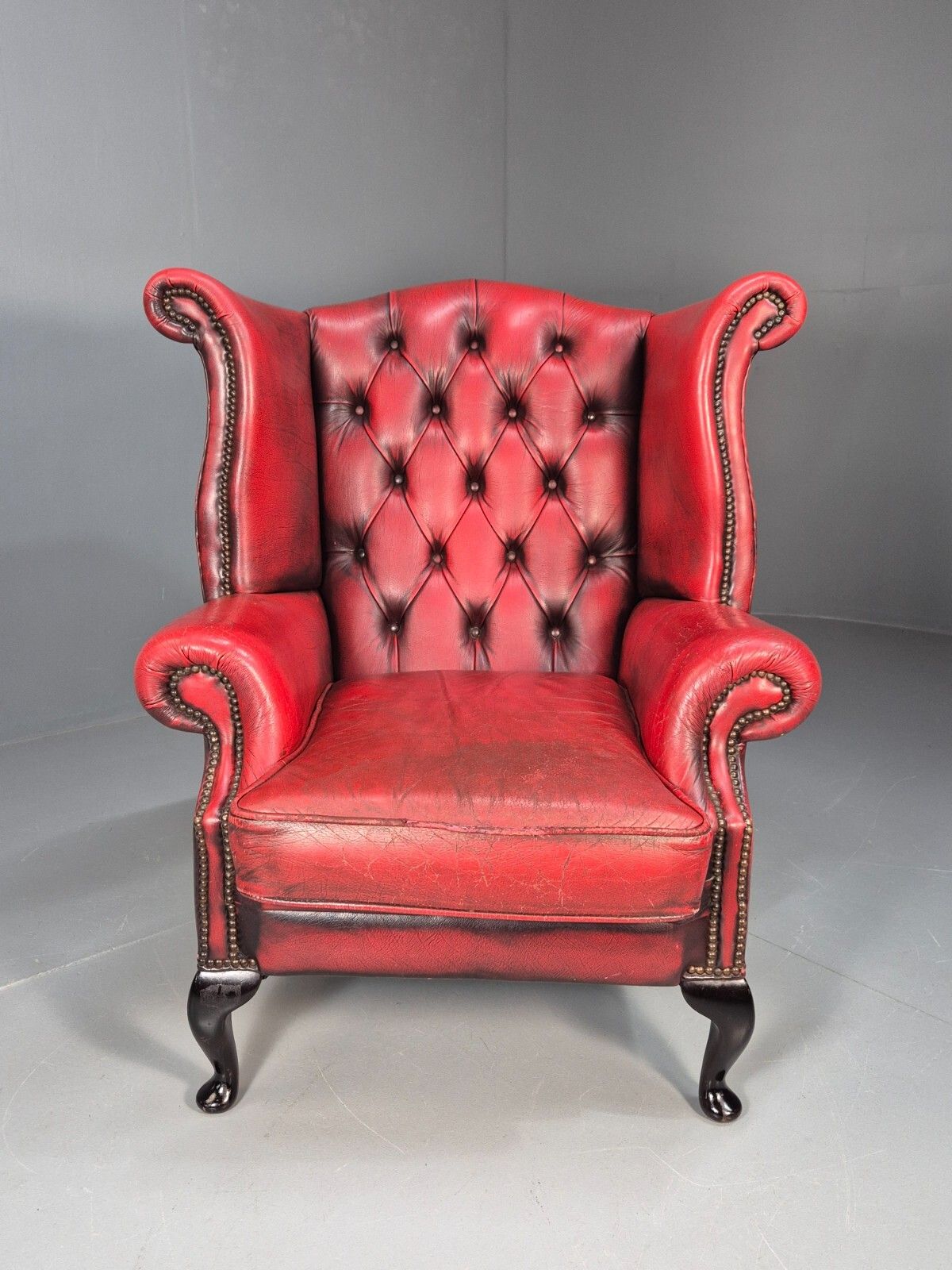 Vintage Queen Anne Red Leather Wing Back Winchester Brand 1990s  Eb9219 Vlea photo for sale