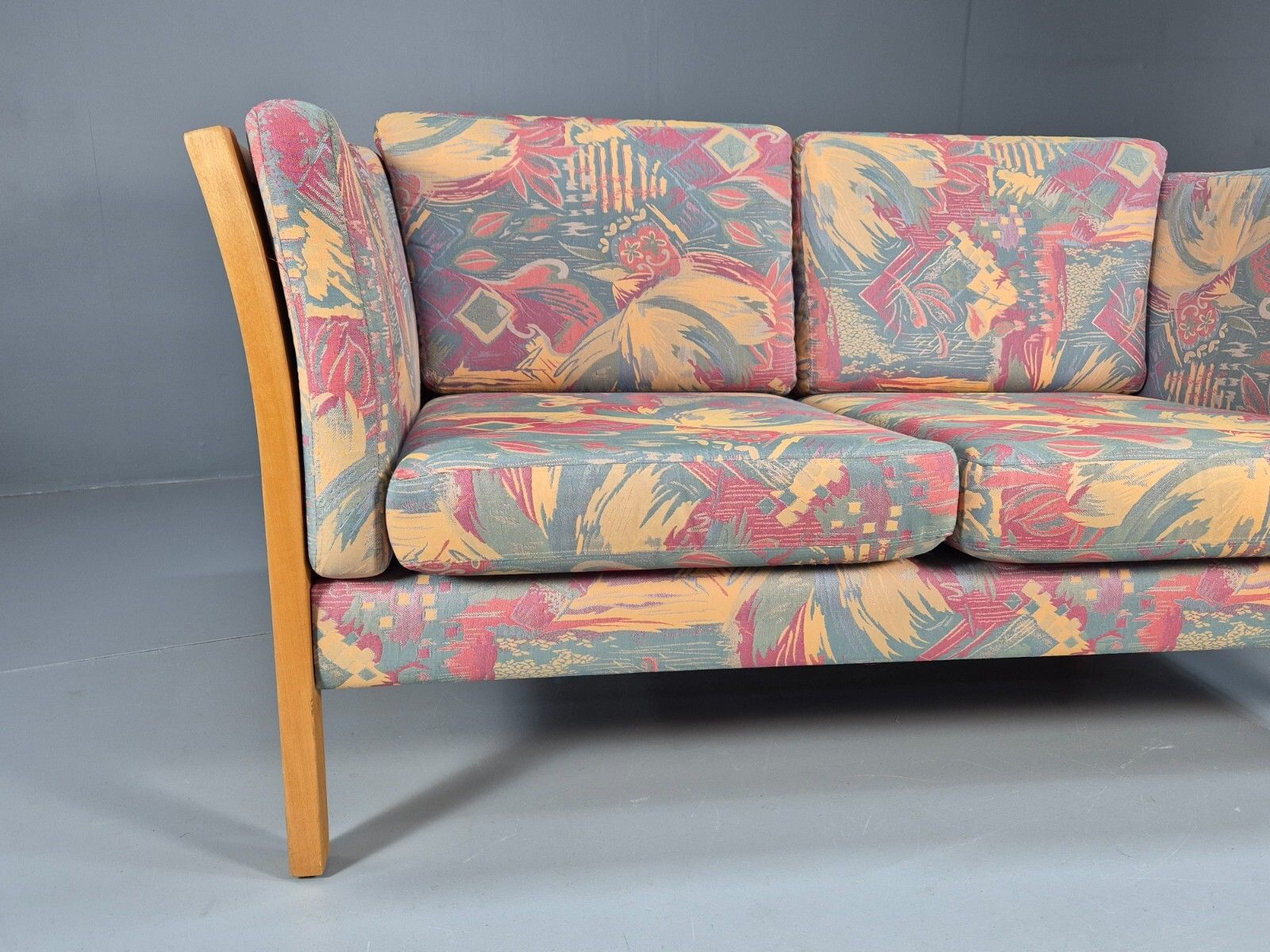Vintage Danish 2 Seat Sofa Floral Cotton Print Stouby Beech Ends Eb9097 M2ss photo furniture