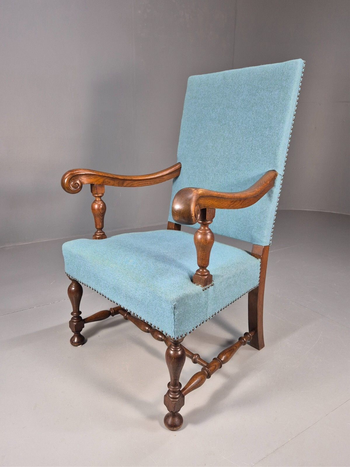 Vintage Danish Armchair Blue Carved Oak 17th Century Antique Style Eb8986 Vcar