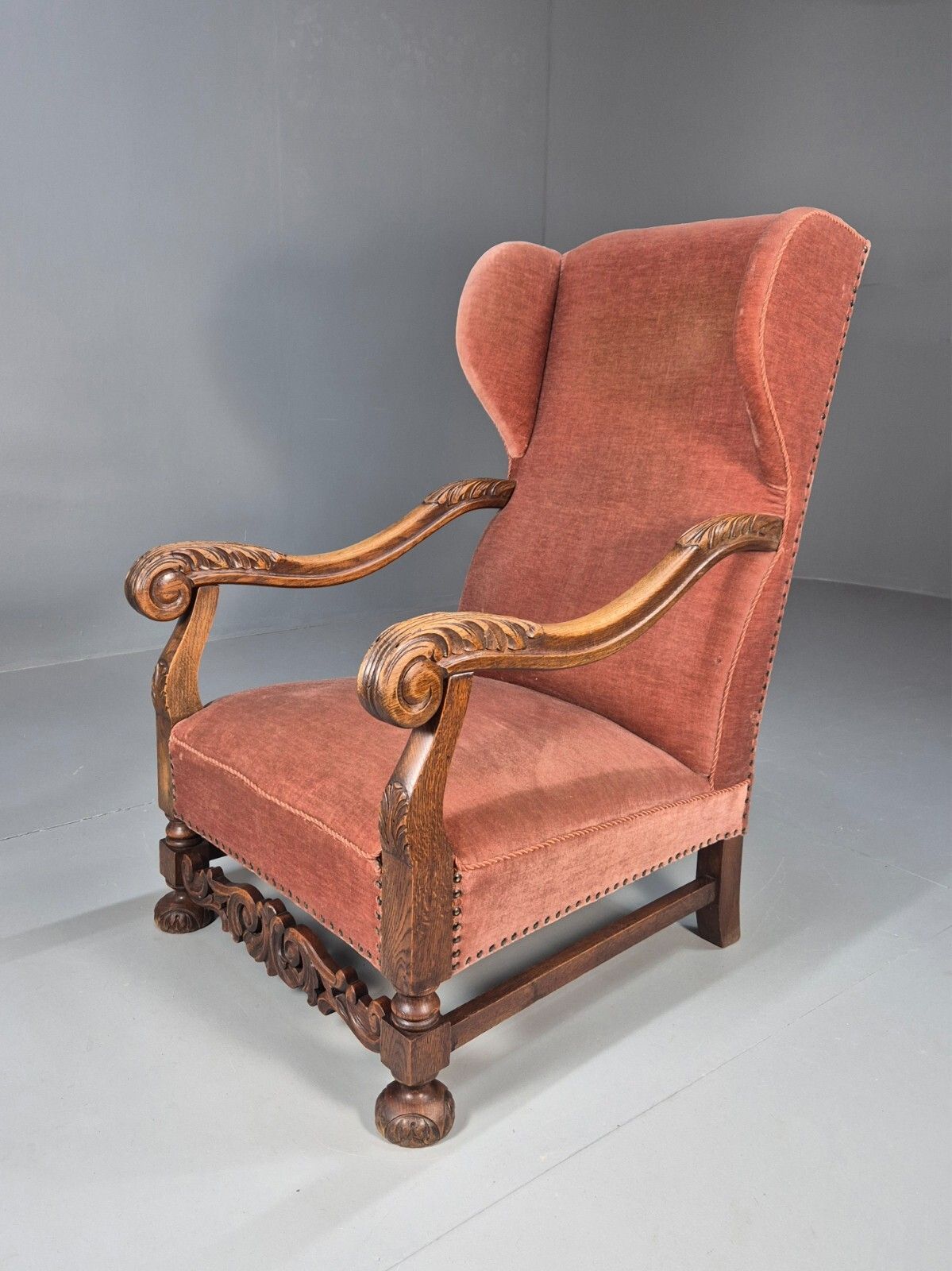 Vintage Danish Lounge Chair Pink Peach Velour Oak 17th Century Style Eb8970 Vclo