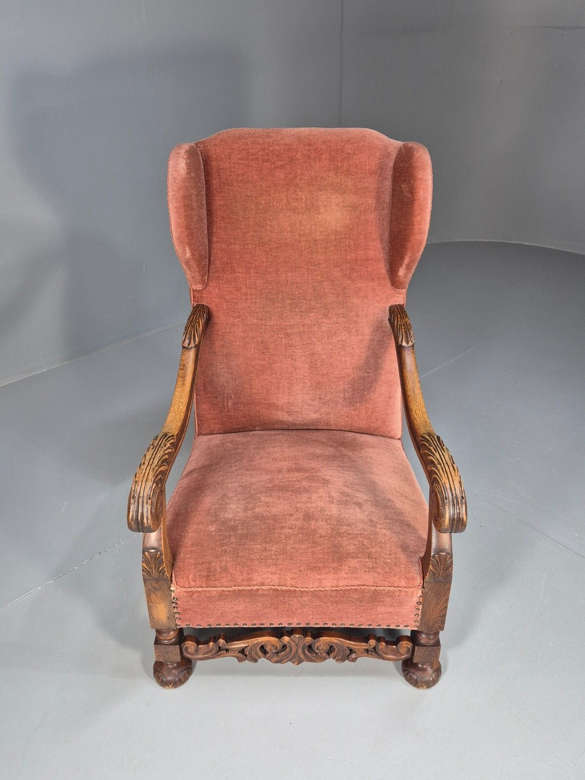 Vintage Danish Lounge Chair Pink Peach Velour Oak 17th Century Style Eb8970 Vclo photo furniture