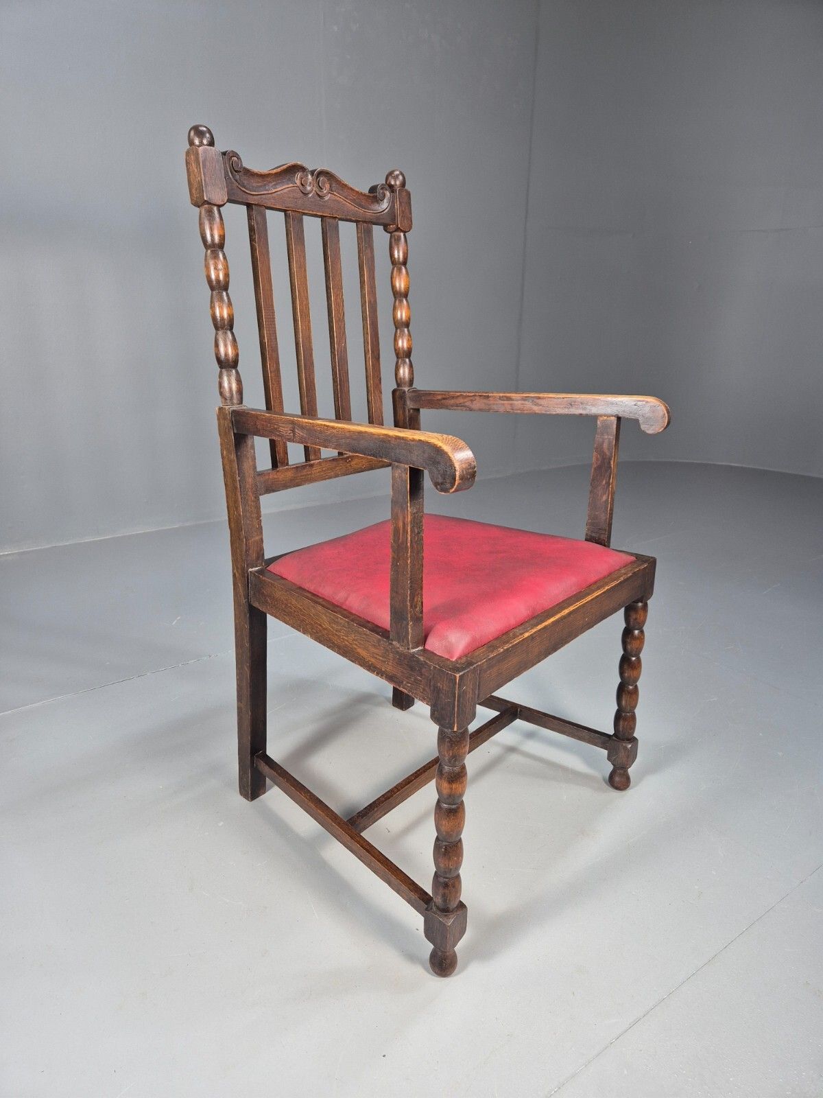 Vintage Elbow Chair Red Vinyl Oak Frame 1920s Antique Eb9134 Vdin photo for sale