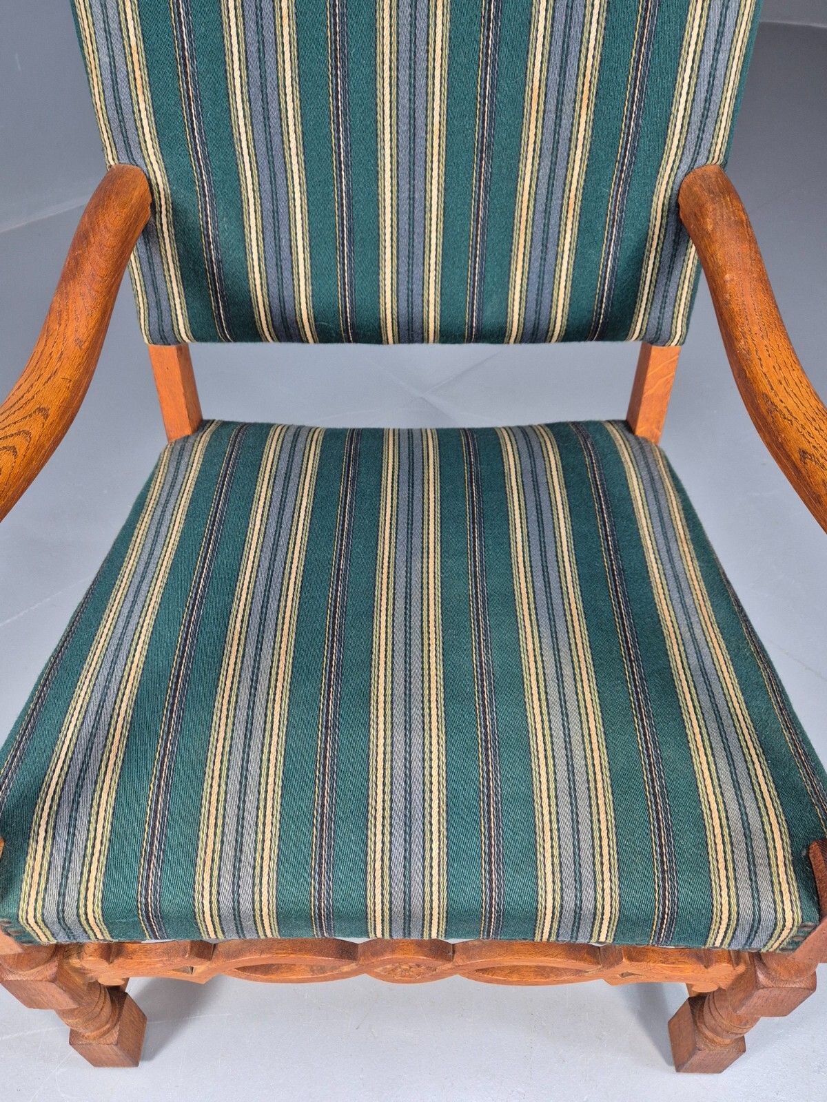 A Vintage Danish Baroque Style Armchair Green Wool Stripe Oak Frame Eb9002 Vclo photo vinterior