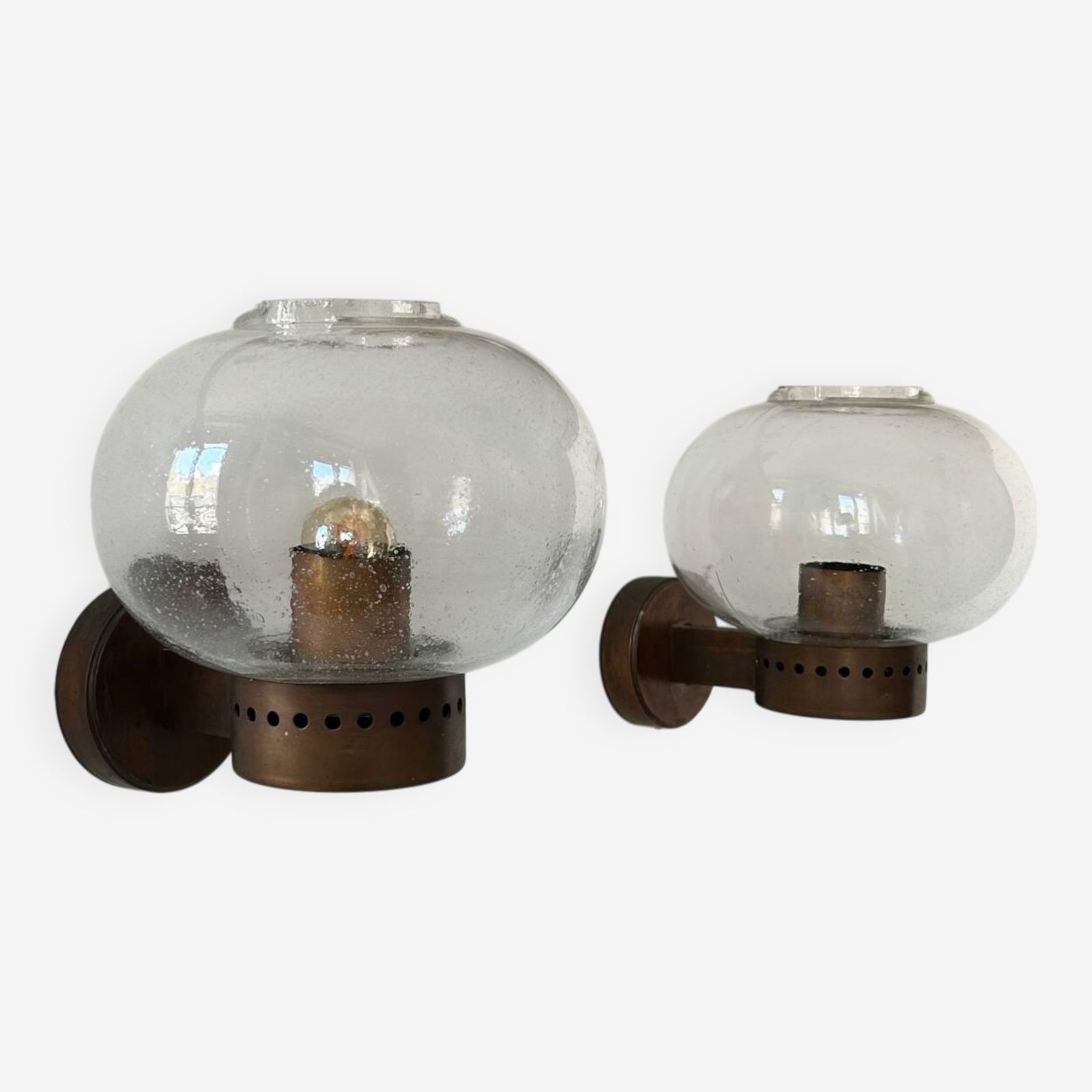 Pair Of Vintage Wall Lights, Copper And Bubbled Glass, Bega Germany 1970