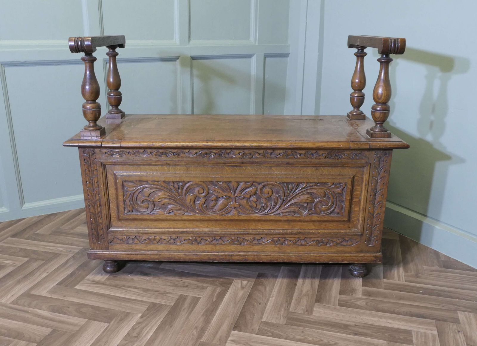 Carved Green Man Golden Oak Coffer, Hall Seat photo furniture