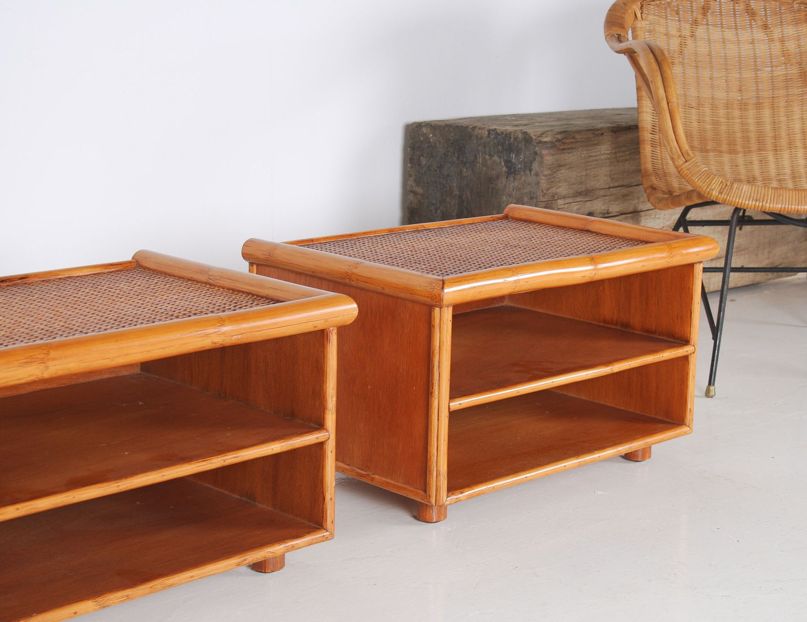 photo vinterior A Pair Of Mid Century Rattan Top Bamboo Night Stand Side Tables