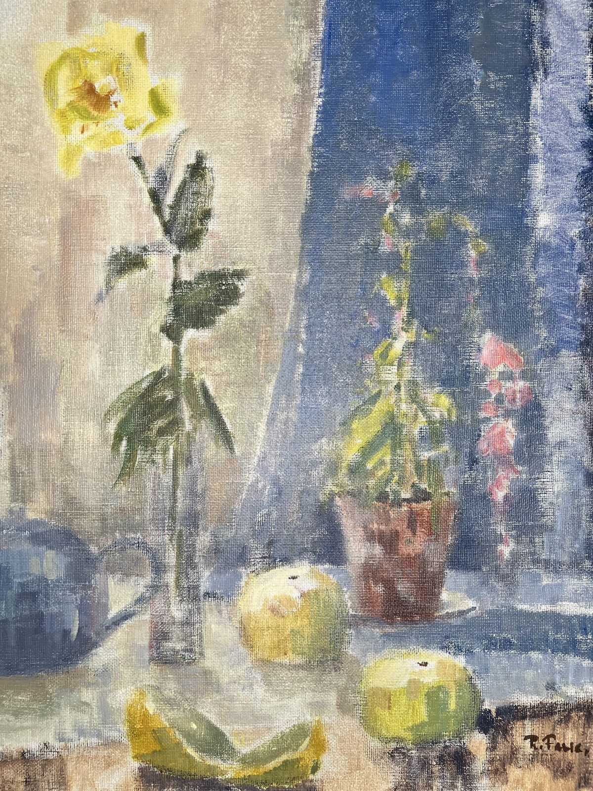 Teapot And Lemons, Oil On Canvas Still Life Painting photo Art