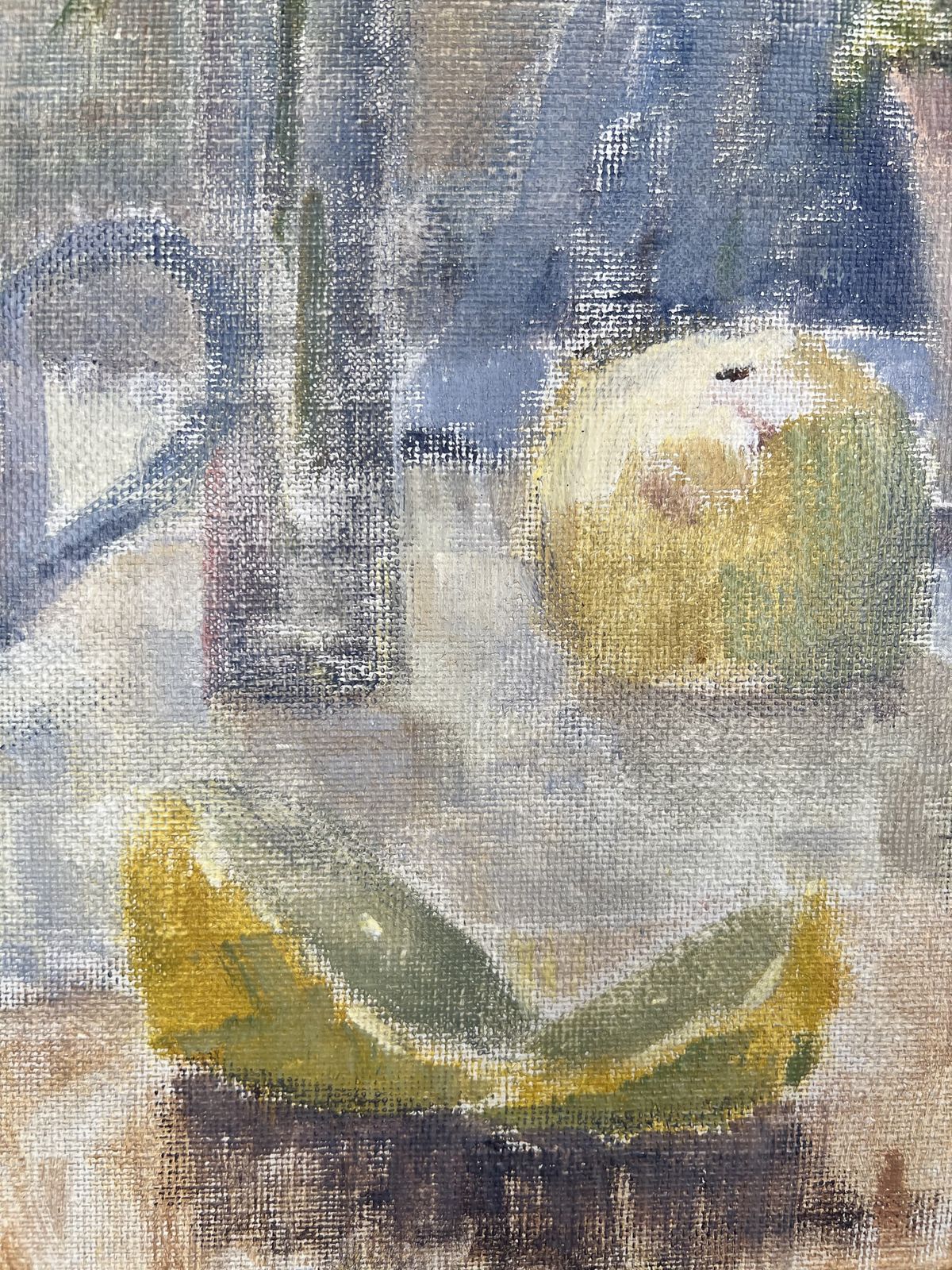 Teapot And Lemons, Oil On Canvas Still Life Painting photo vintage