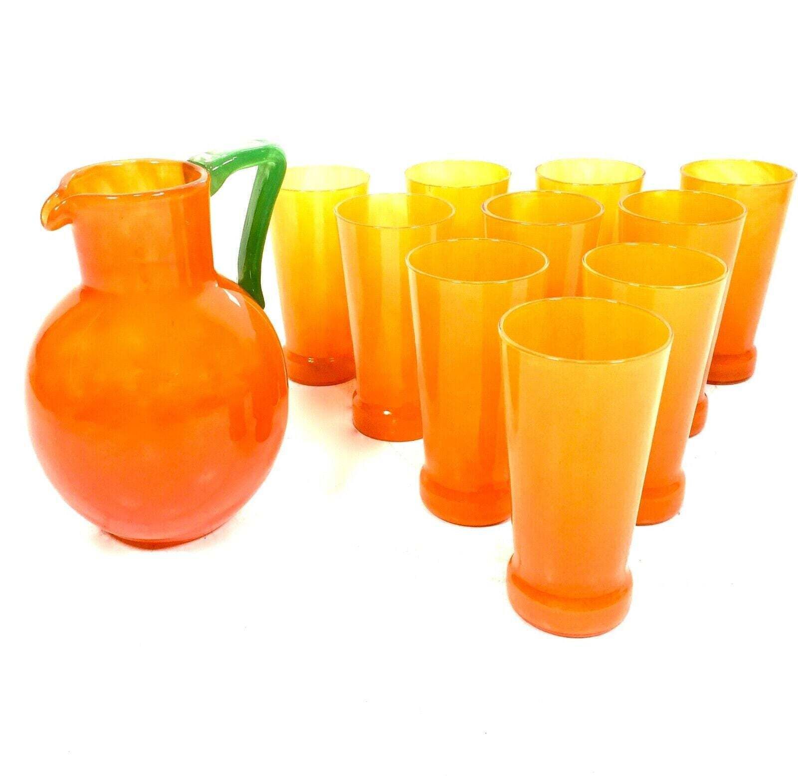 Art Deco Charles Schneider Orange Tango Glass Lemonade Jug & Tumbler Set Antique photo vintage