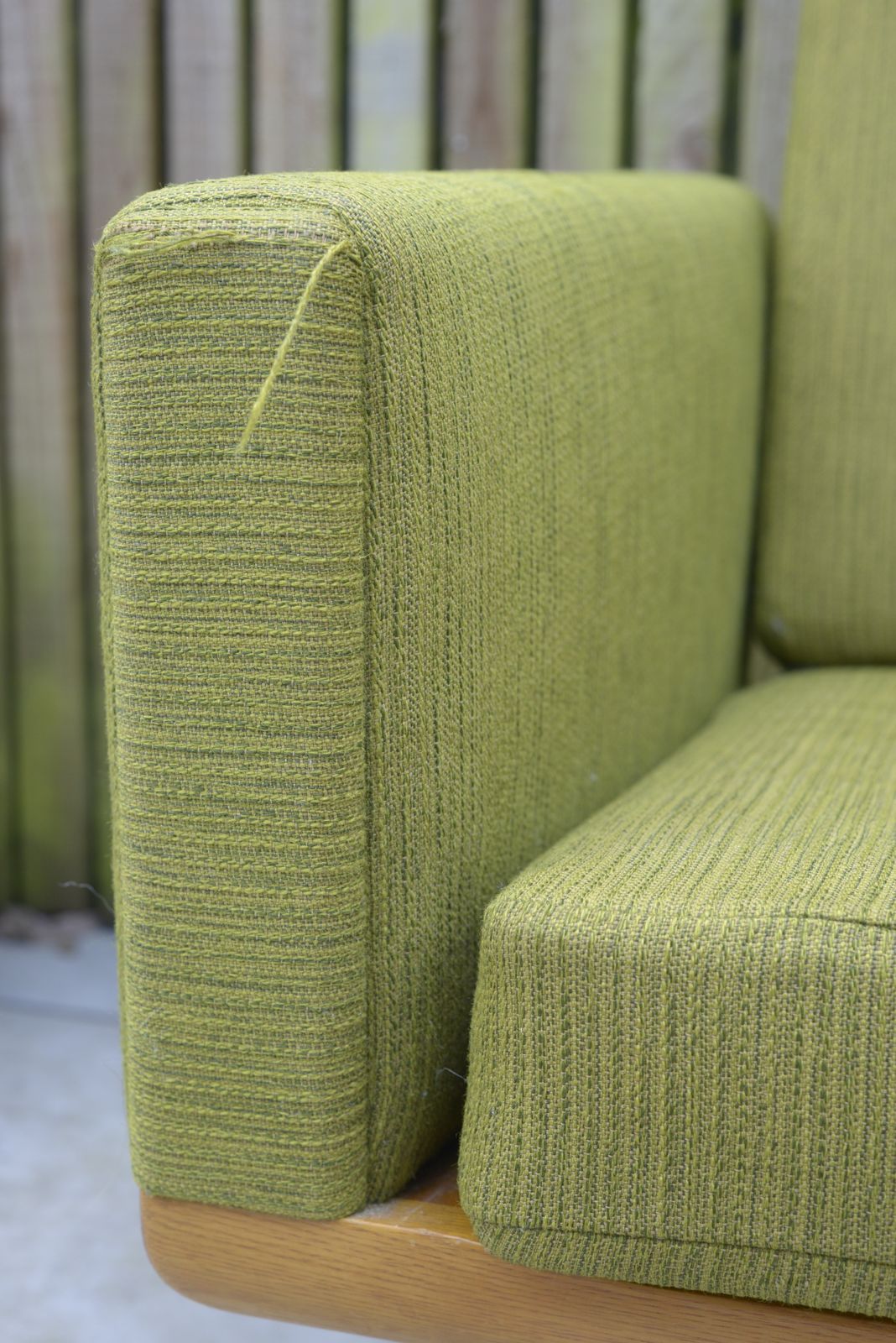 photo for sale Hans Wegner, Ge236 Getama Sofa. In Oak And Green Wool Upholstery. Danish, 1950s.