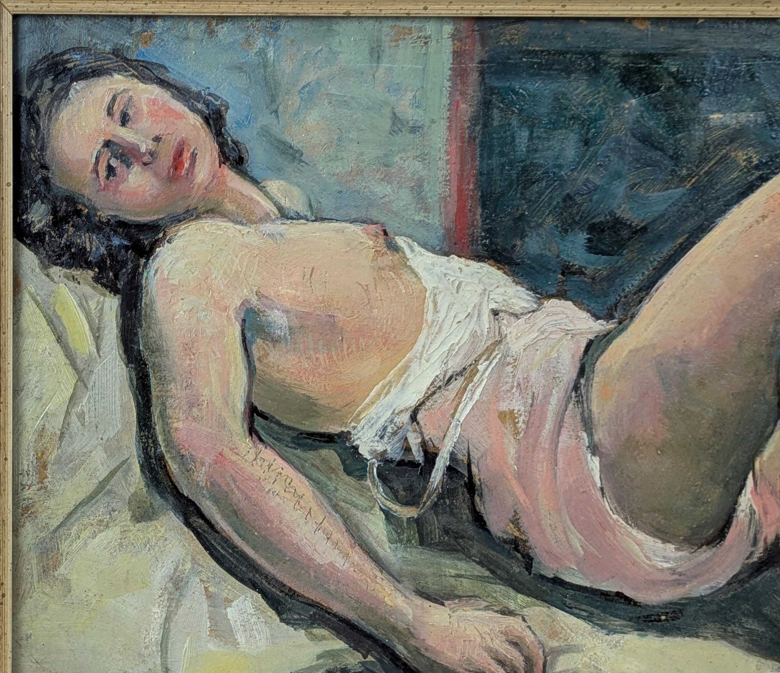 Vintage French Oil Painting Reclining Nude Woman Expressive Style Collectible Art, Oil Painting On Board, Home Gallery Wall Decor photo furniture