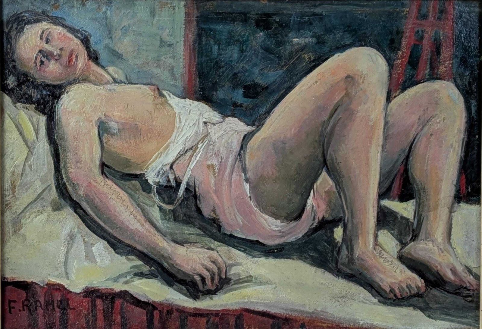 Vintage French Oil Painting Reclining Nude Woman Expressive Style Collectible Art, Oil Painting On Board, Home Gallery Wall Decor photo vinterior
