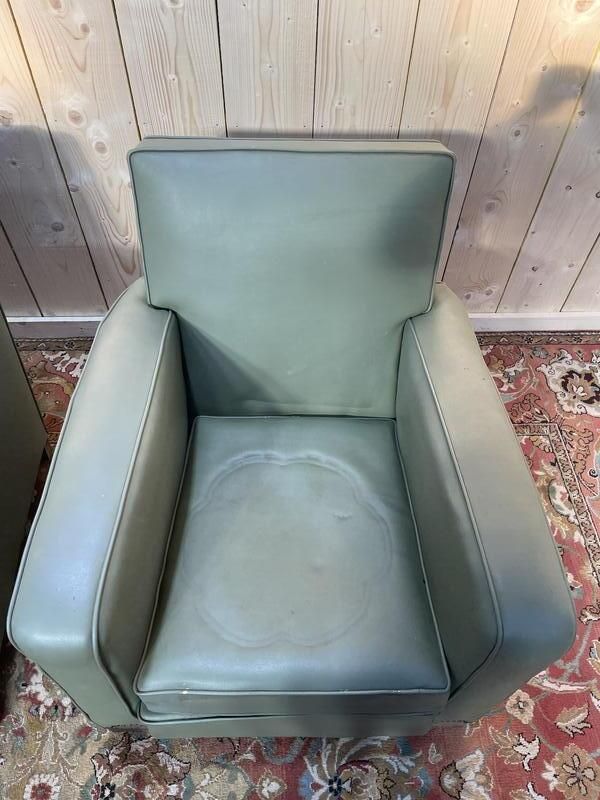 Paire De Fauteuils Club En Skaï Vert 1940 photo for sale
