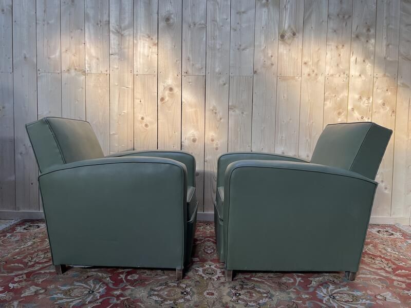 Paire De Fauteuils Club En Skaï Vert 1940 photo buy