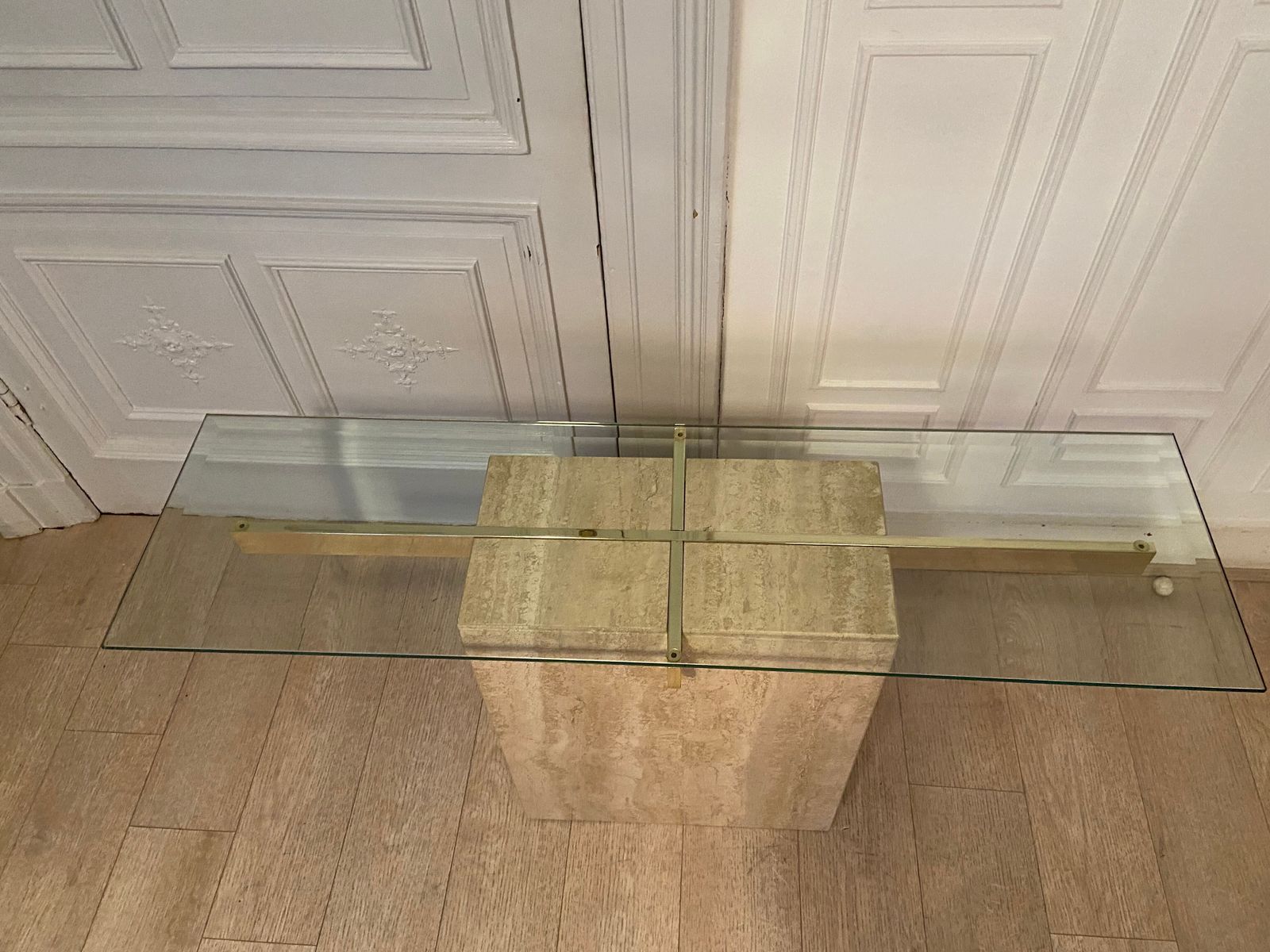 Travertine Console And Gold Metal Cross, Italy, 1970s photo for sale