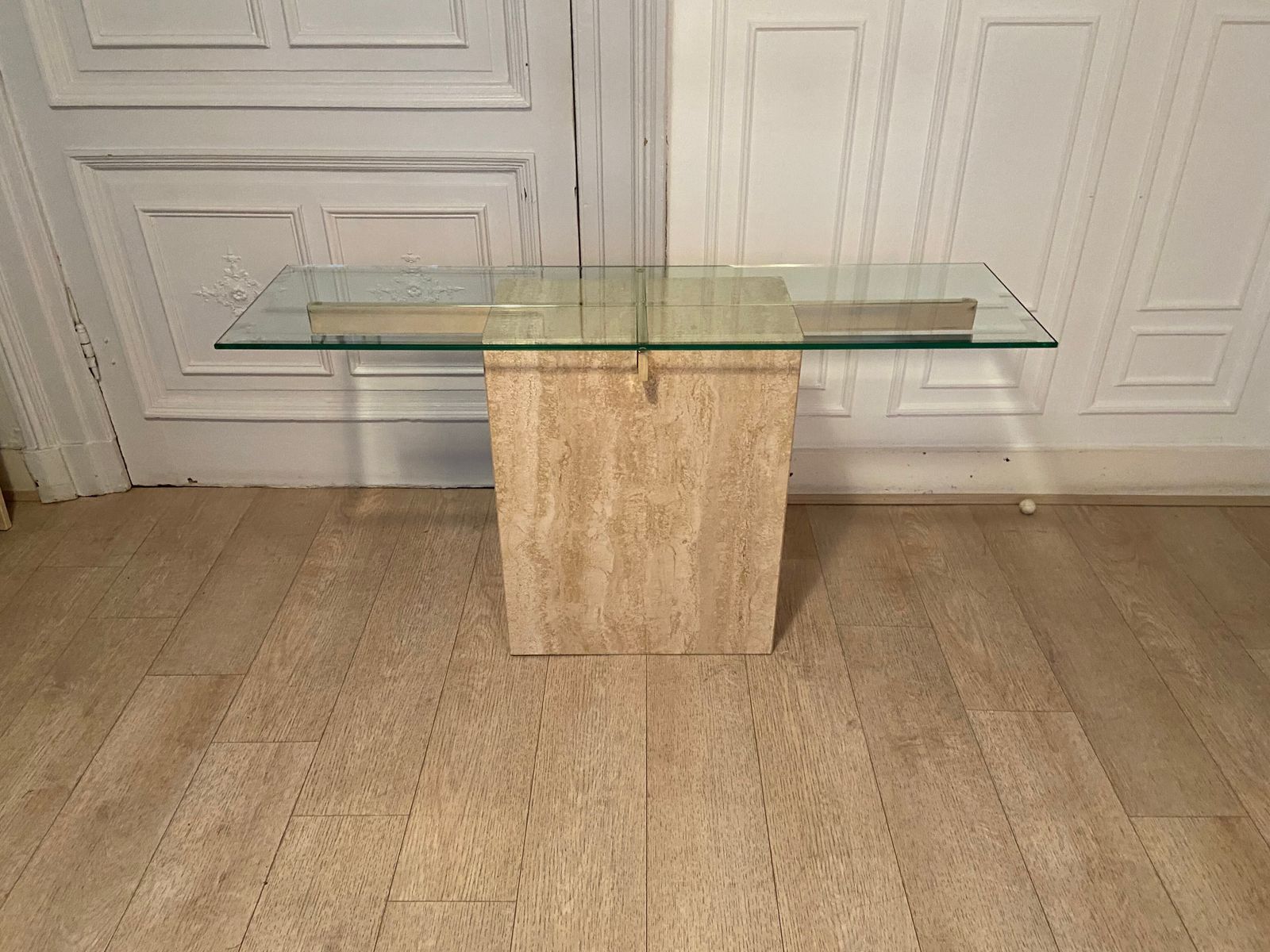 Travertine Console And Gold Metal Cross, Italy, 1970s photo vintage