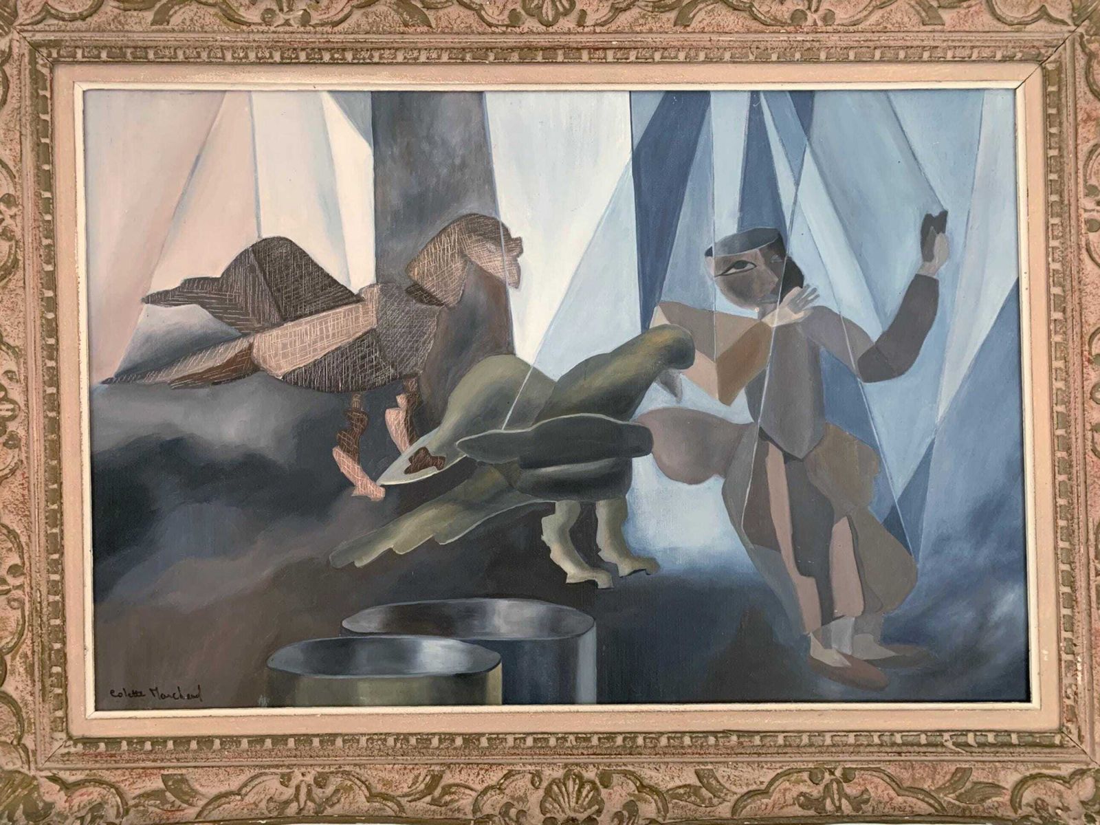 Abstract Cubism Oil Painting On Canvas Signed photo furniture